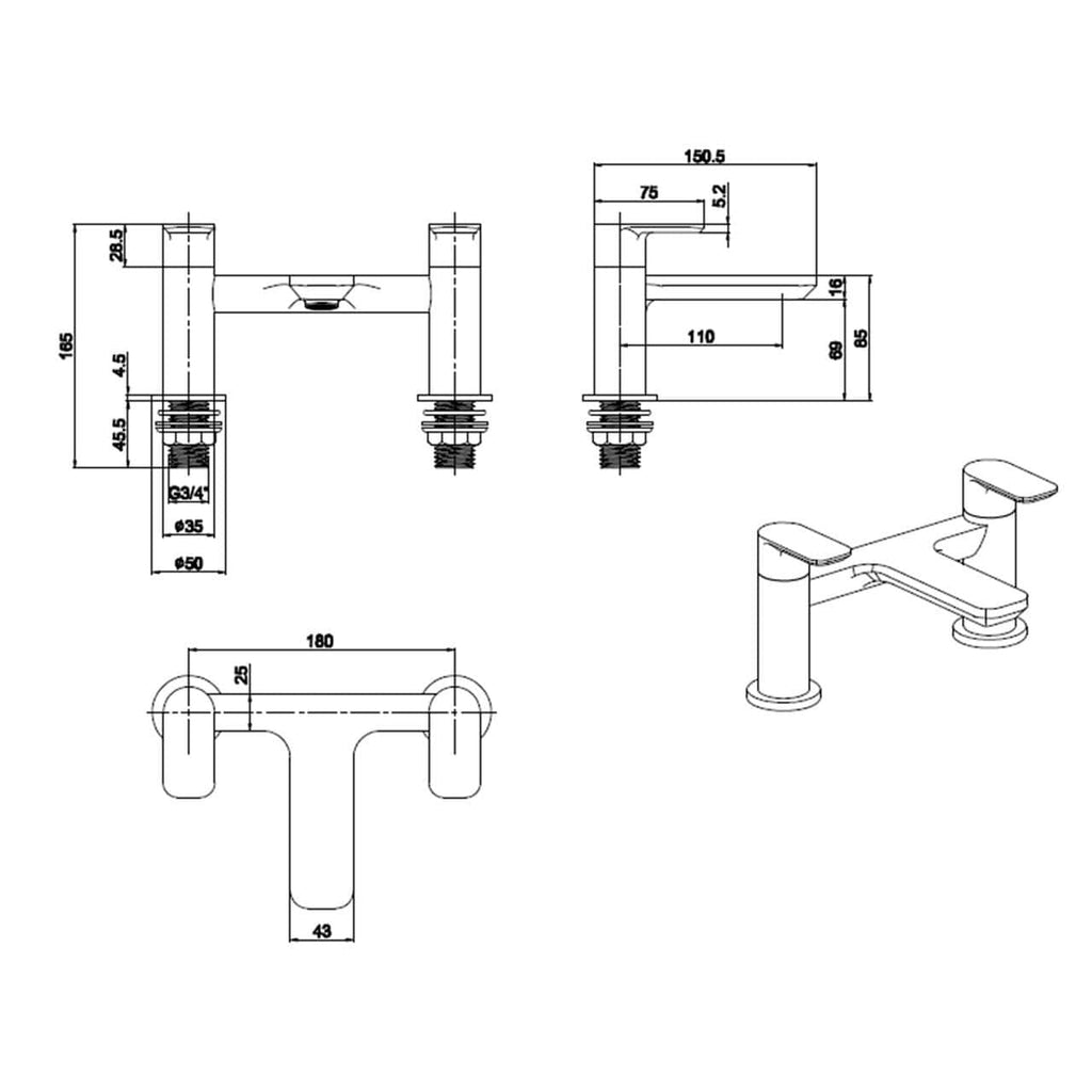 Rona Brushed Brass Basin &amp; Bath Filler Tap Including Bath Waste