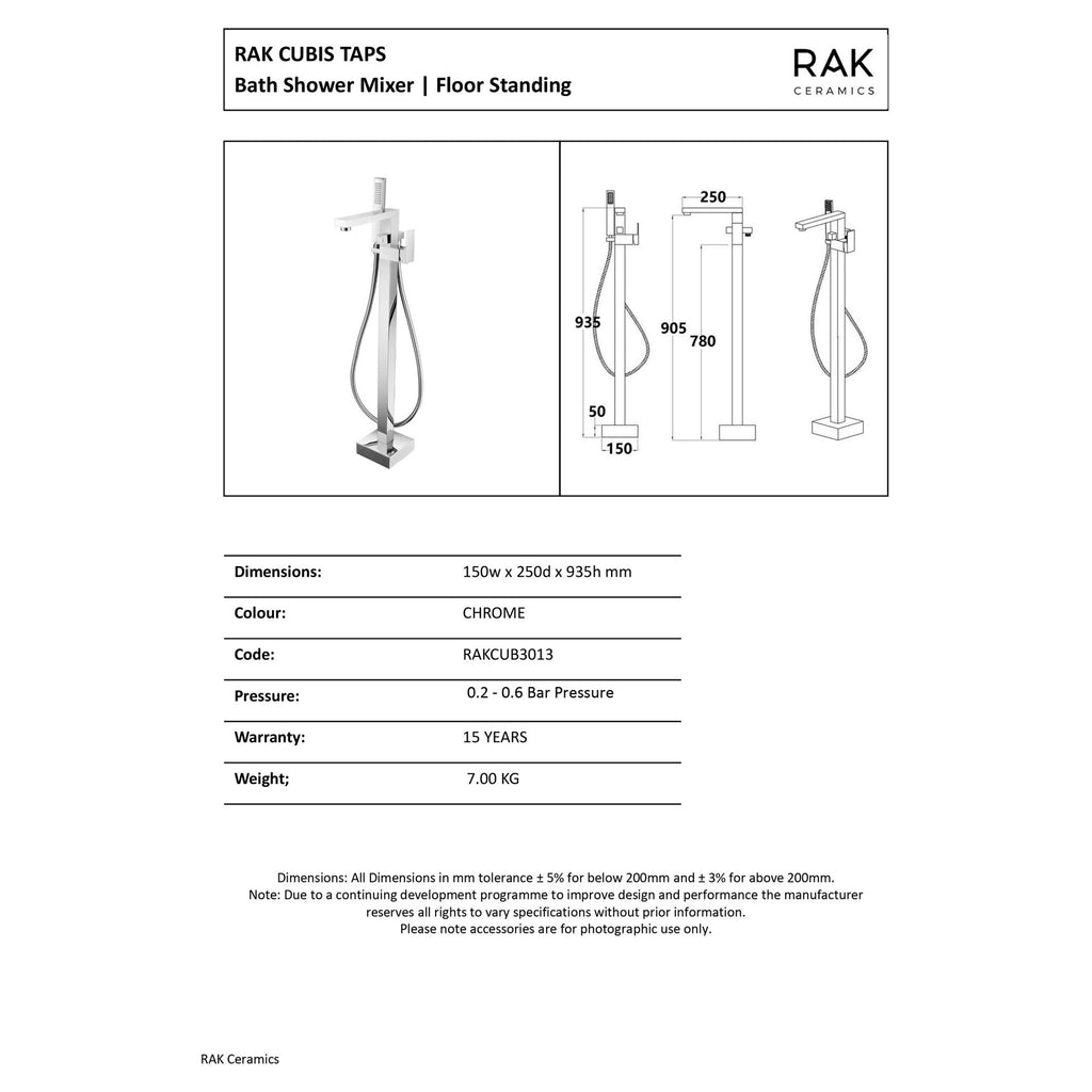 RAK Cubis Floor Standing Bath Shower Mixer Tap - Polished Chrome Solid Brass