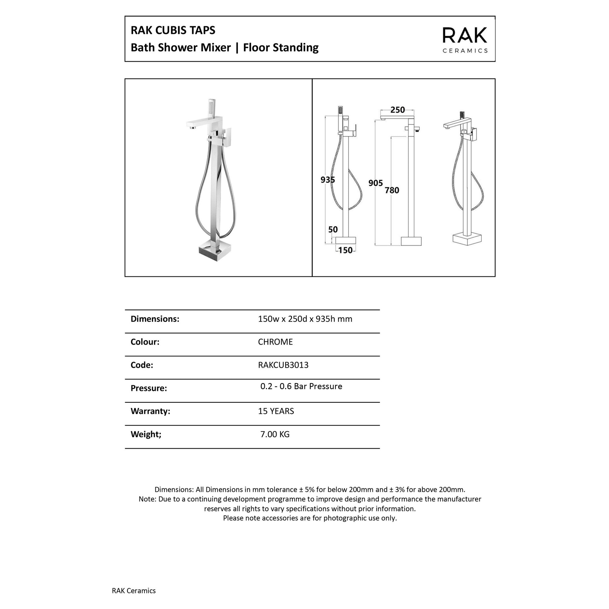 RAK Cubis Floor Standing Bath Shower Mixer Tap - Polished Chrome Solid Brass