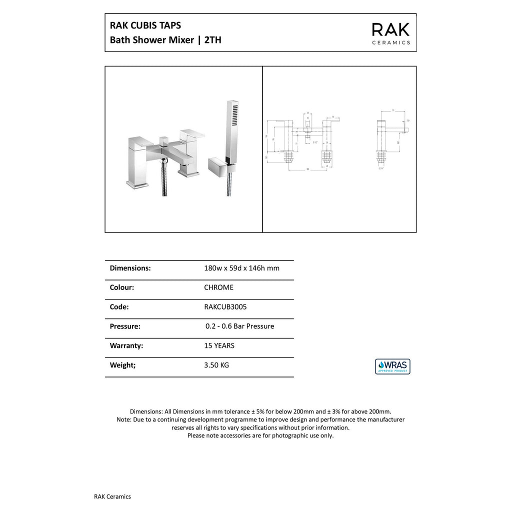 RAK Cubis Polished Chrome Modern Deck-Mounted Bath Shower Mixer Tap with Handset - Solid Brass Construction