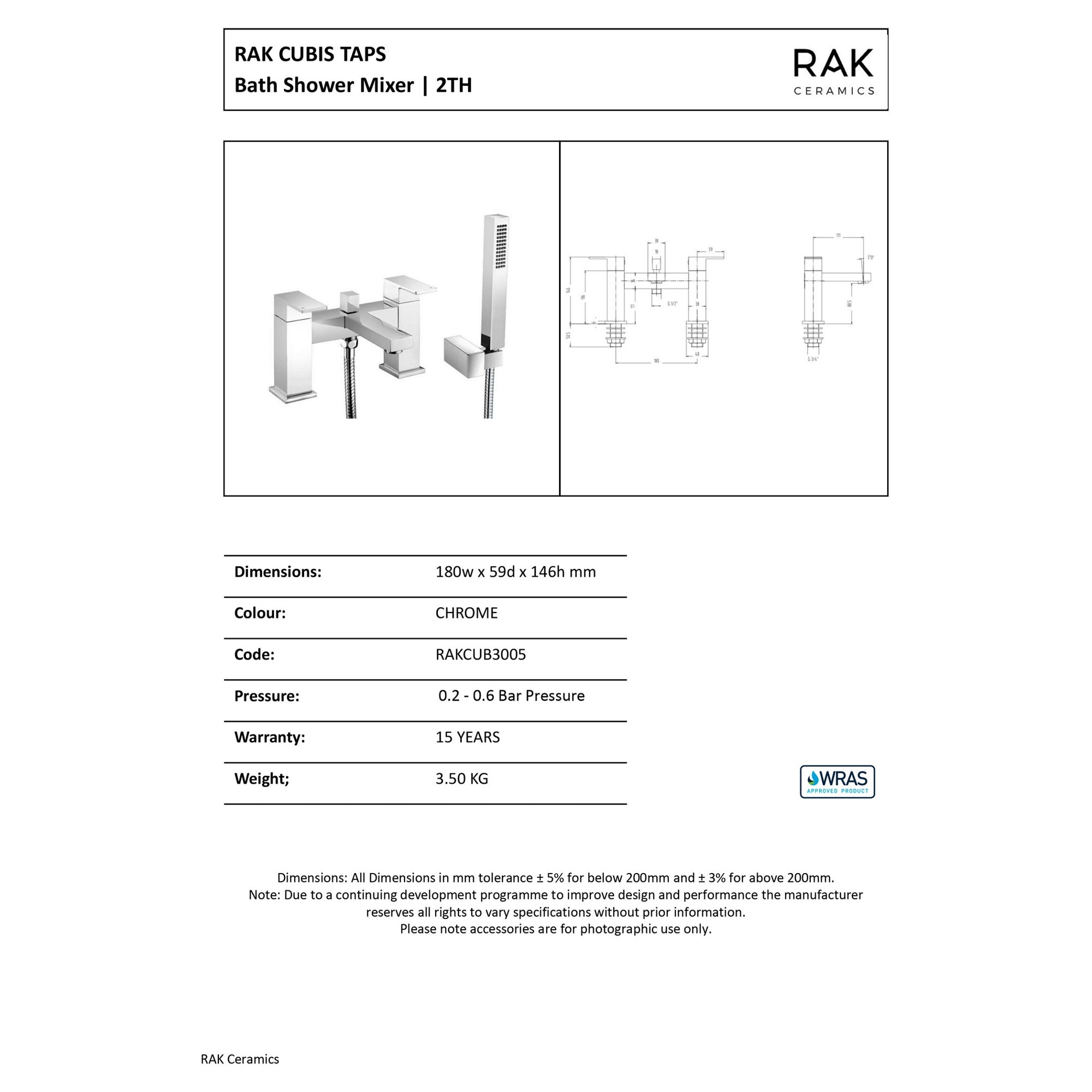 RAK Cubis Polished Chrome Modern Deck-Mounted Bath Shower Mixer Tap with Handset - Solid Brass Construction
