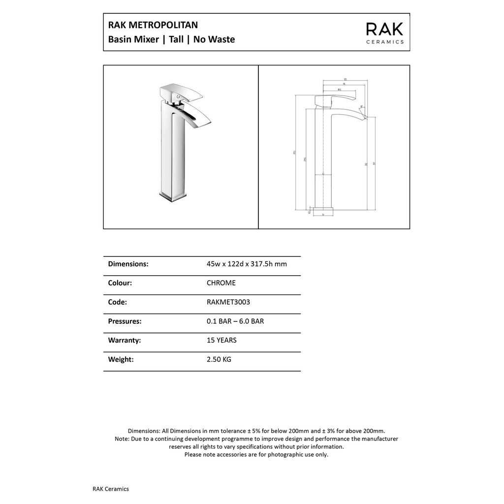RAK Metropolitan Tall Basin Mono Mixer Tap - Modern Polished Chrome Solid Brass for Contemporary UK Bathrooms