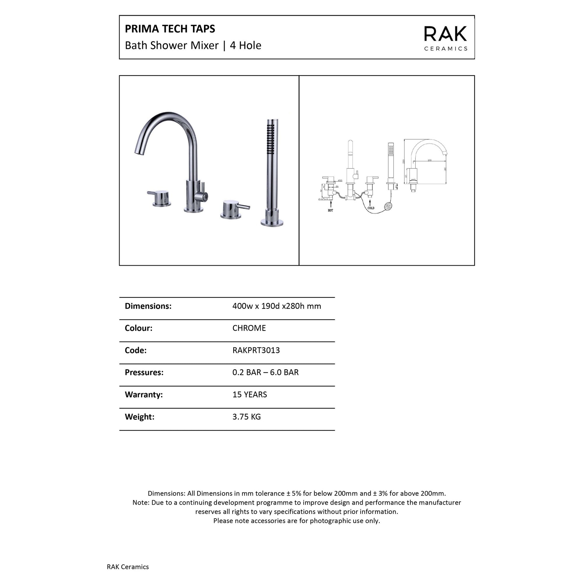 RAK Prima Tech Polished Chrome 4-Hole Deck Mounted Bath Shower Mixer Tap & Handset - Solid Brass