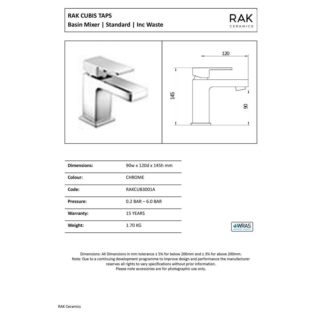 RAK Cubis Polished Chrome Modern Basin Mixer Tap with Waste - Solid Brass