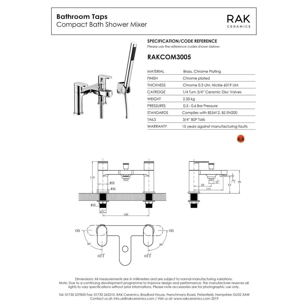RAK Compact Polished Chrome Bath Shower Mixer Tap with Handset & Solid Brass Construction