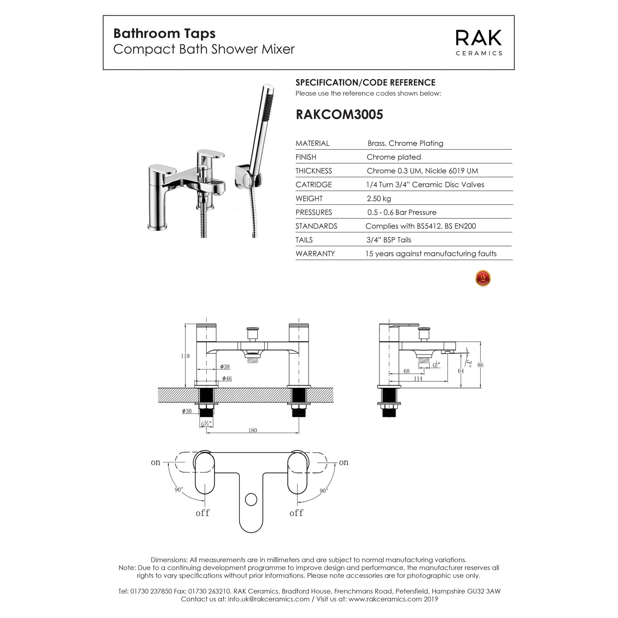 RAK Compact Polished Chrome Bath Shower Mixer Tap with Handset & Solid Brass Construction