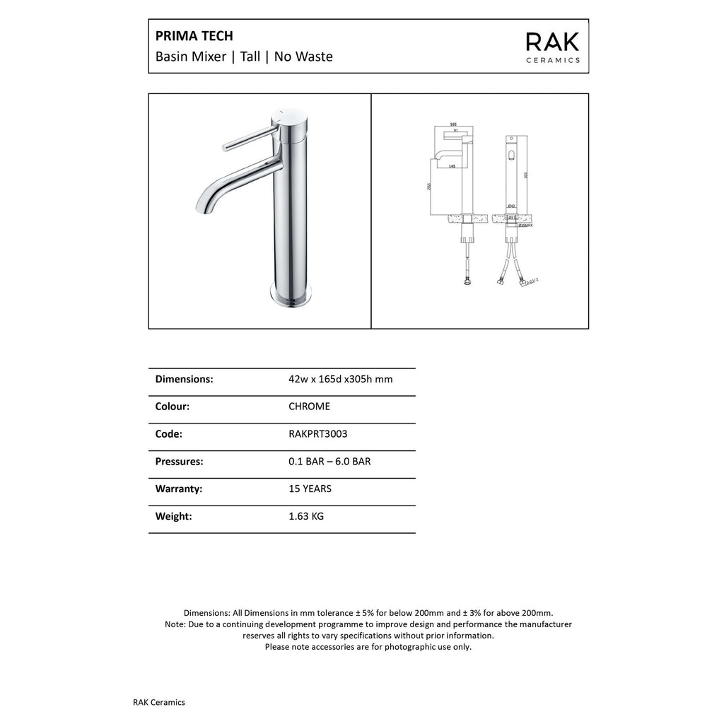 RAK Prima Tech Tall Polished Chrome Basin Mono Mixer Tap - Modern Solid Brass Design - 15-Year Guarantee