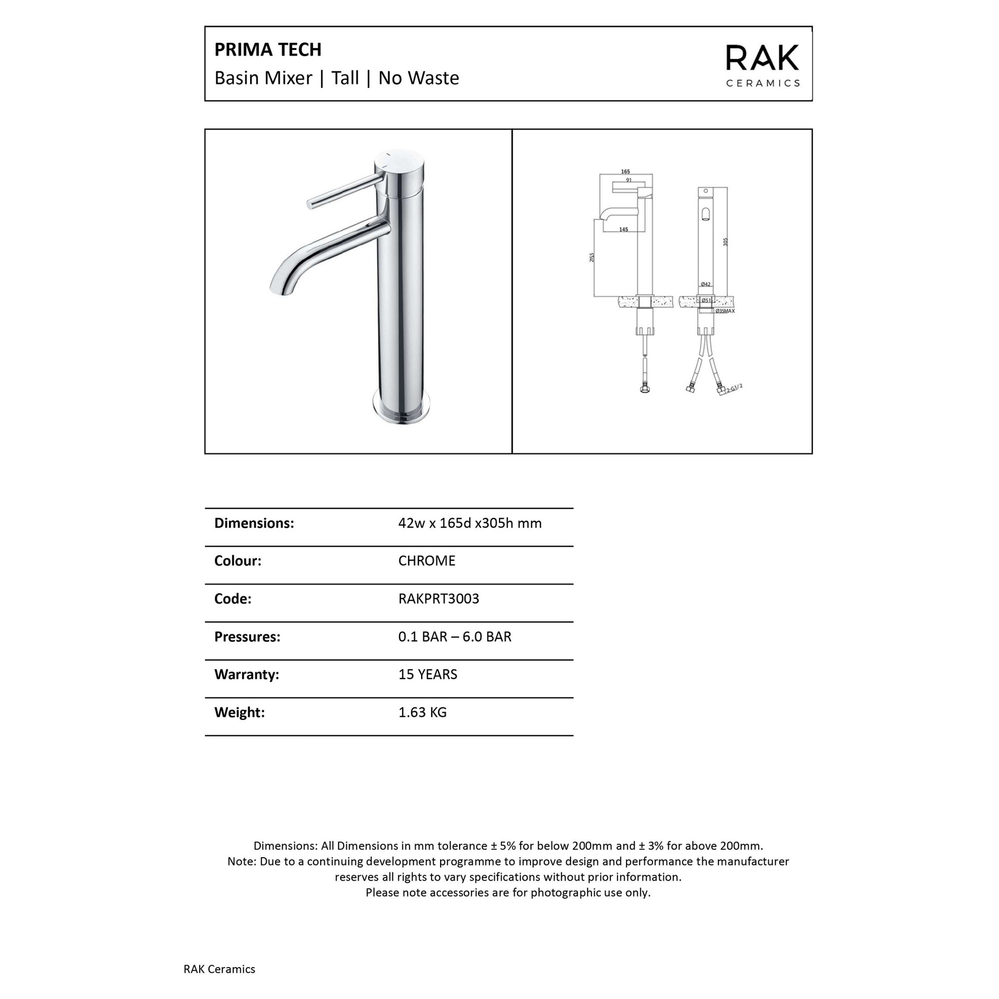 RAK Prima Tech Tall Polished Chrome Basin Mono Mixer Tap - Modern Solid Brass Design - 15-Year Guarantee