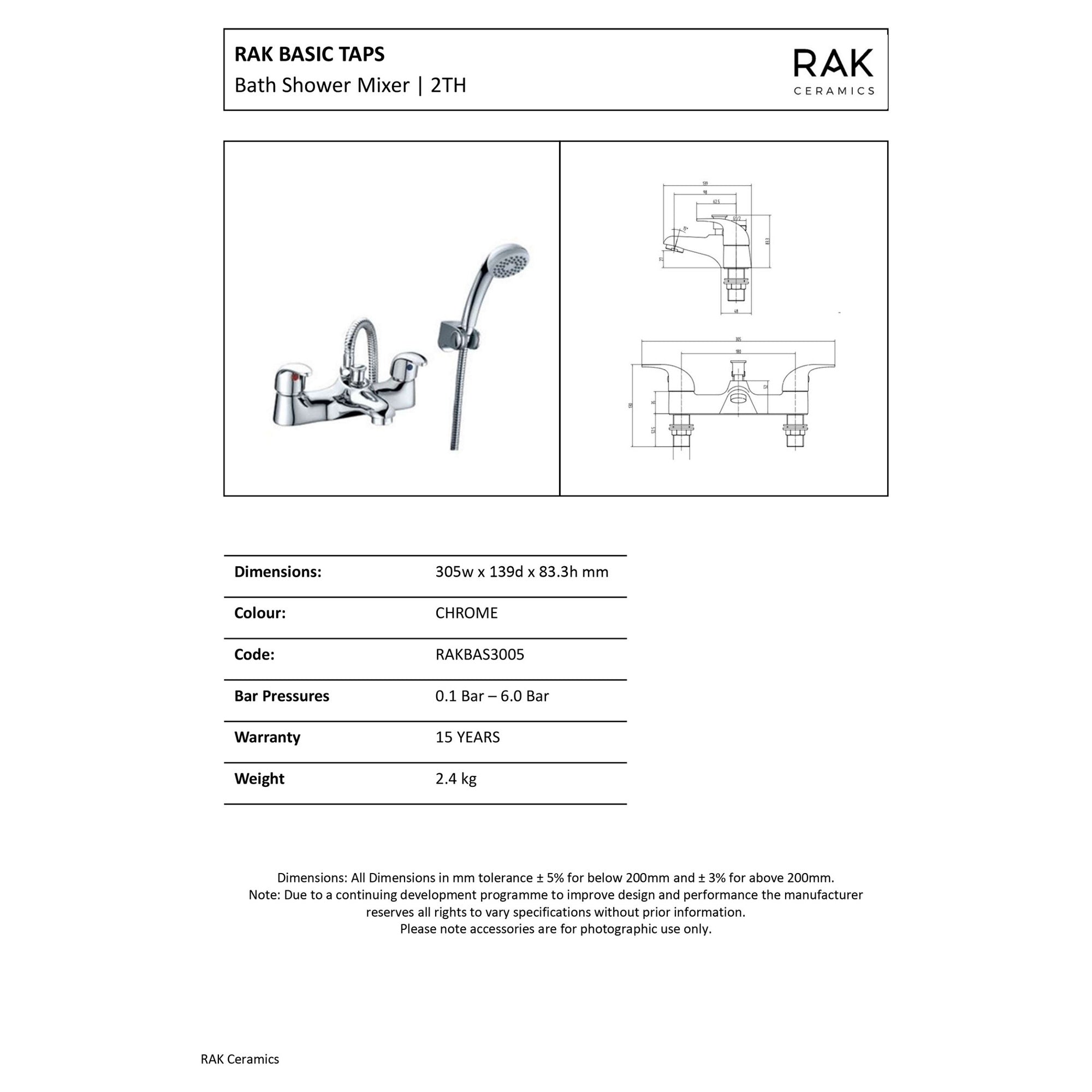 RAK Basic Polished Chrome Bath Shower Mixer Tap with Handset - Solid Brass, Modern Design, 15-Year Guarantee