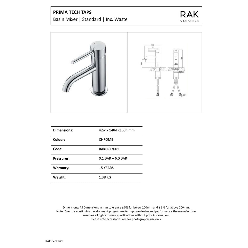 RAK Ceramics Prima Tech Modern Polished Chrome Basin Mixer Tap with Waste & 15-Year Guarantee