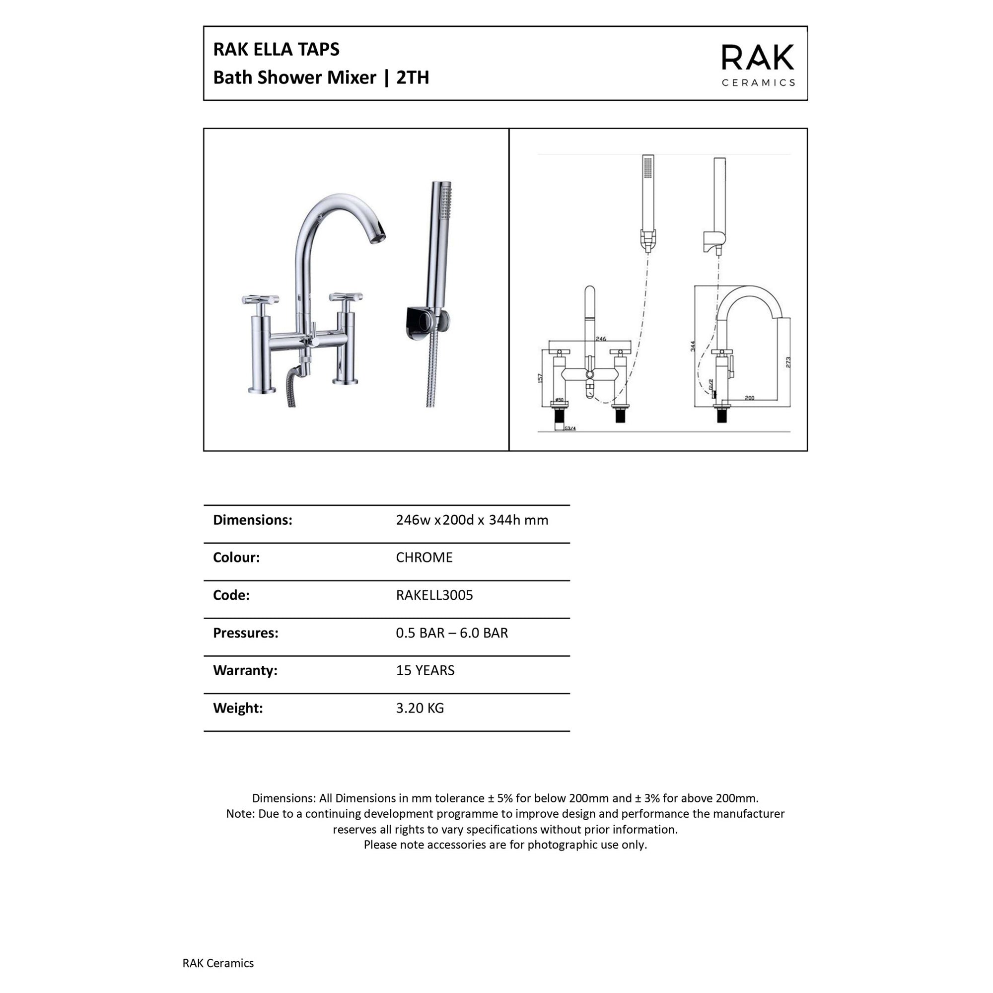 RAK Ella Solid Brass Polished Chrome Modern Bath Shower Mixer Tap with Handset - 15 Year Guarantee