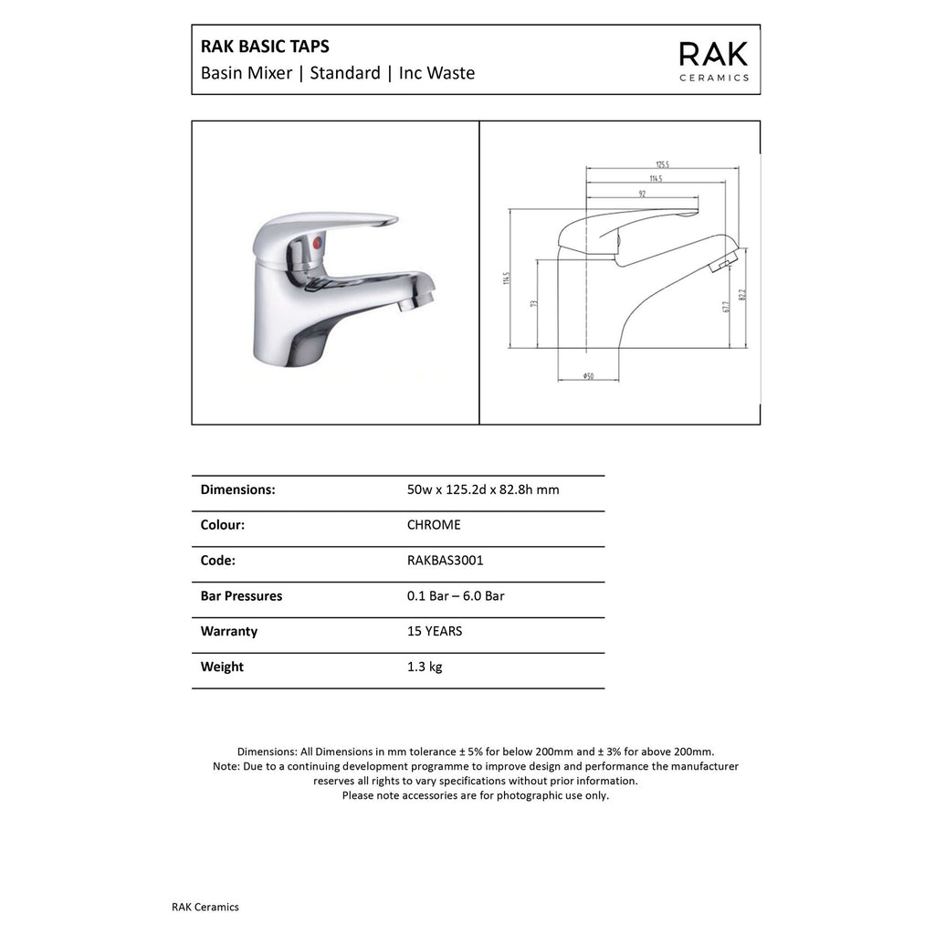 RAK Basic Basin Mono Mixer Tap - Polished Chrome, Solid Brass, Inc. Waste & Hoses