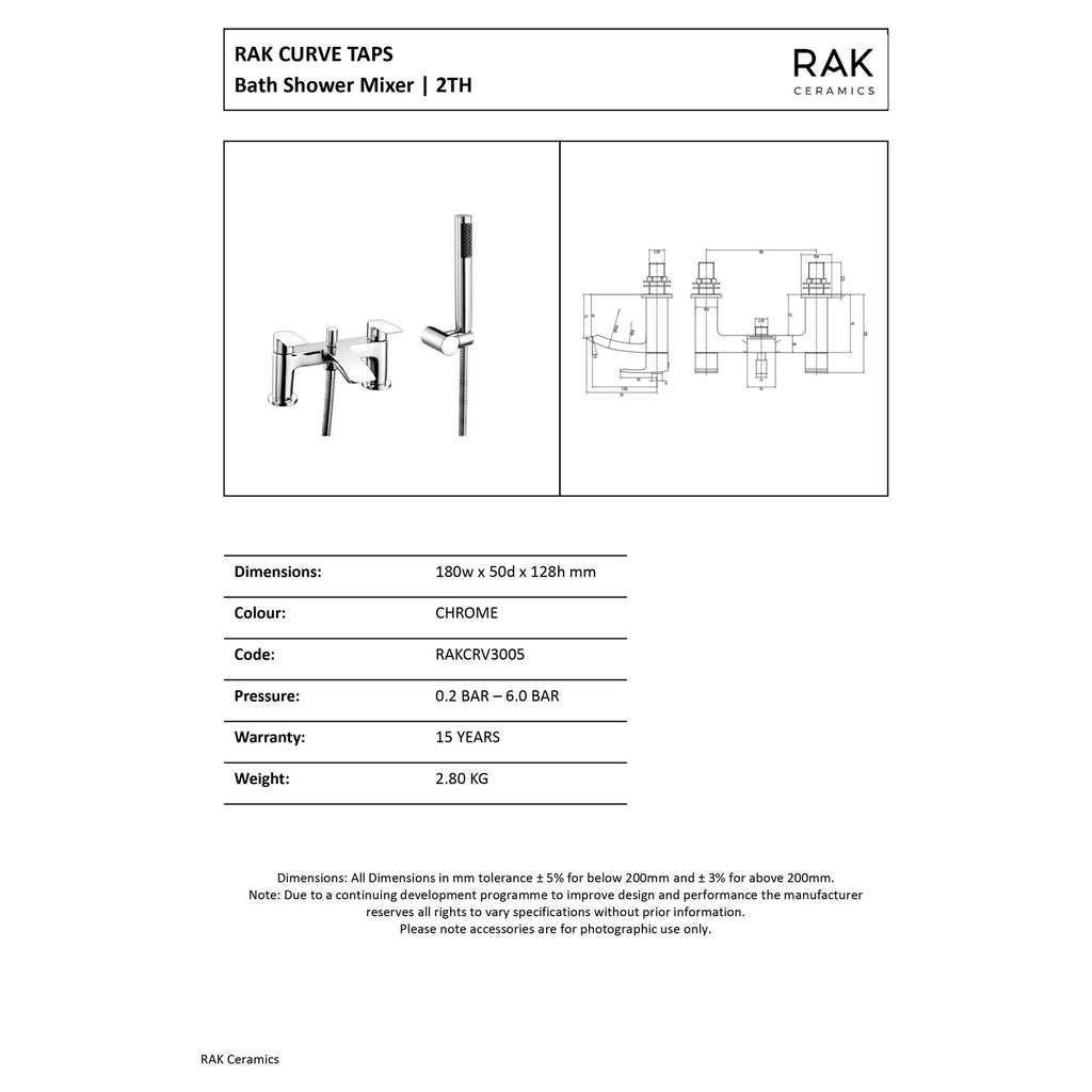 RAK Curve Polished Chrome Bath Shower Mixer Tap with Shower Kit, Solid Brass