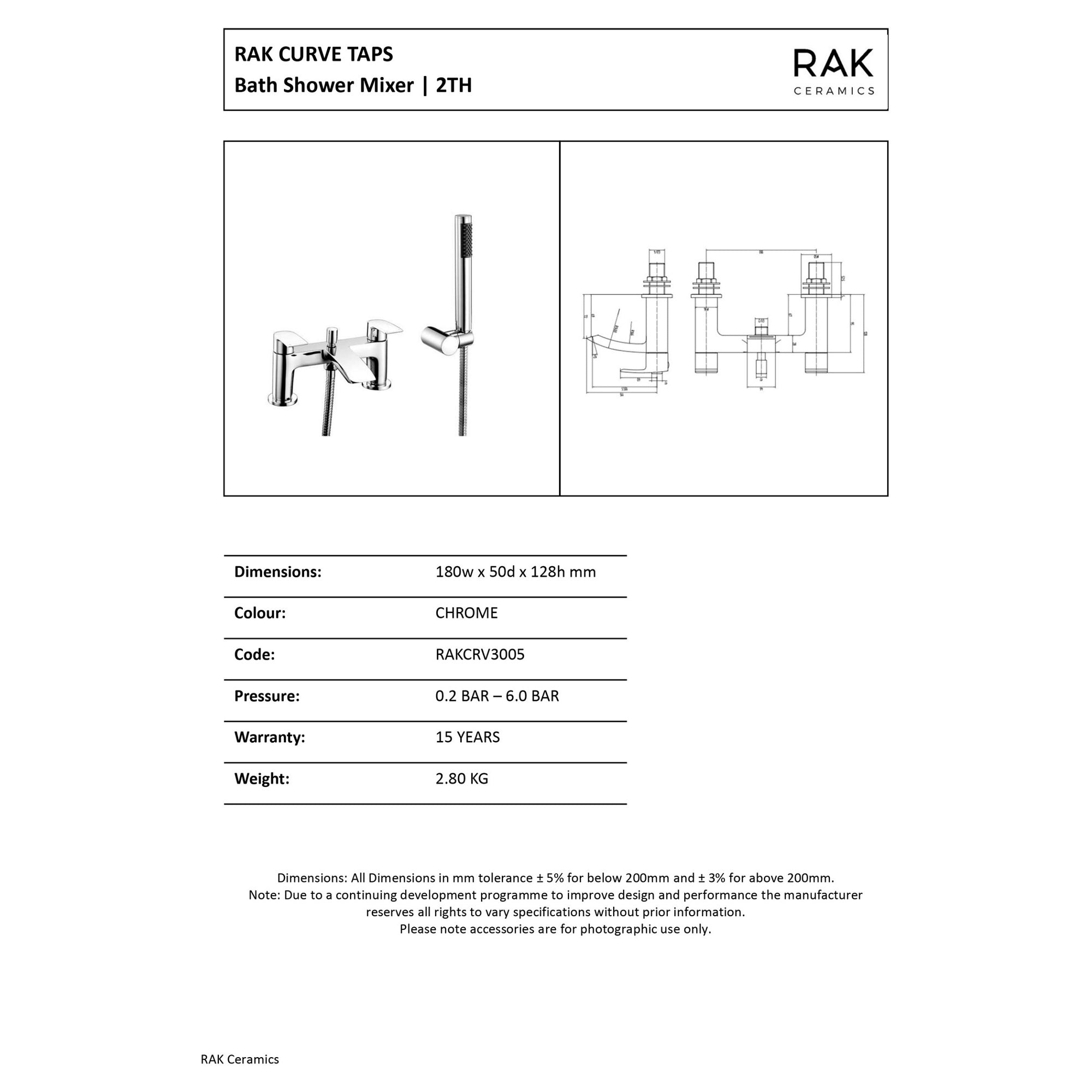 RAK Curve Polished Chrome Bath Shower Mixer Tap with Shower Kit, Solid Brass