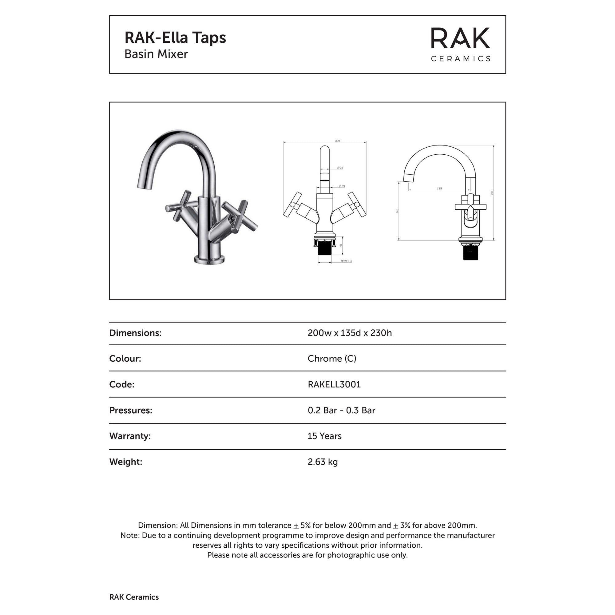 RAK Ella Modern Polished Chrome Basin Mixer Tap - Durable Solid Brass