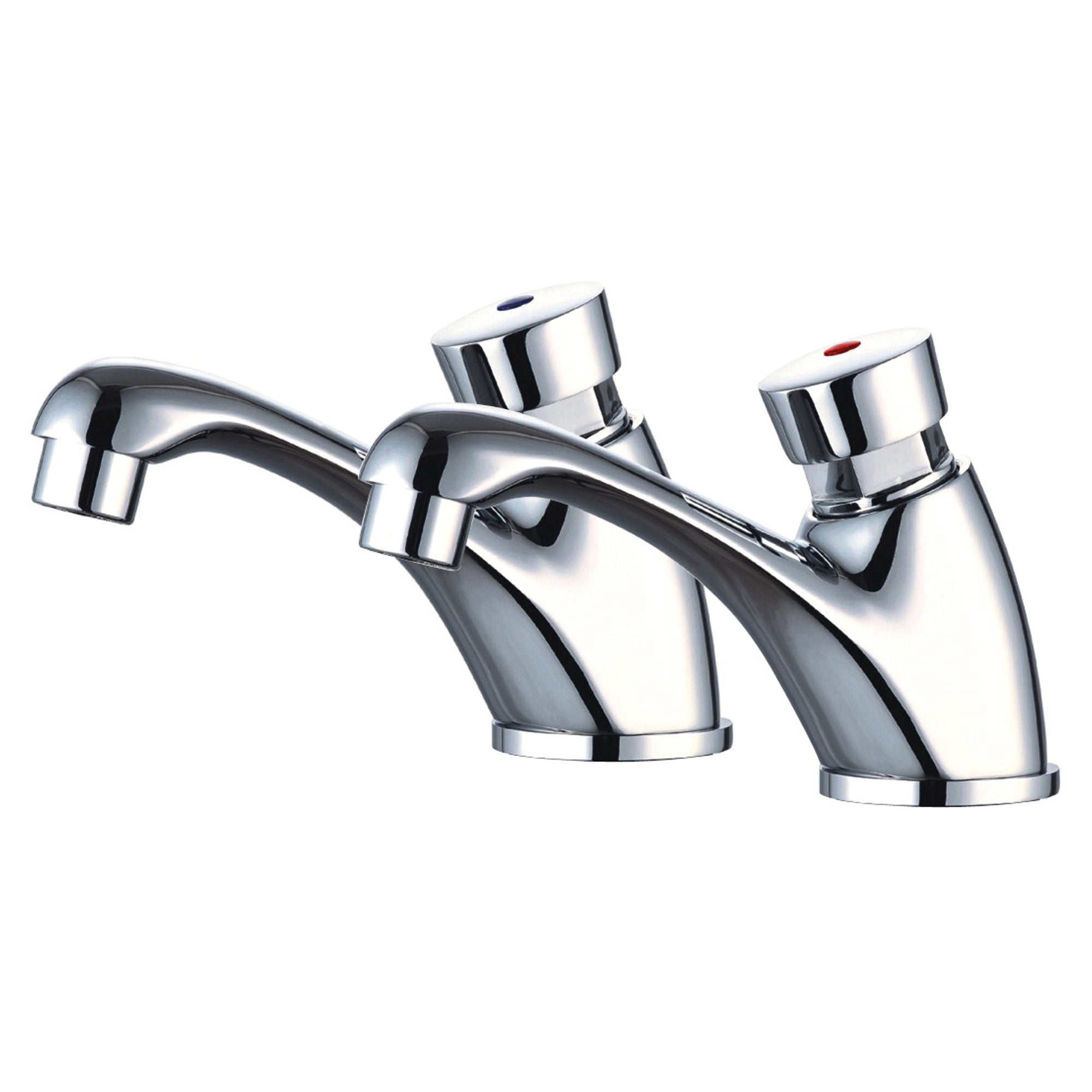 RAK Commercial Chrome Self-Closing Basin Pillar Taps Pair, Hygienic Non-Concussive Design for Washrooms