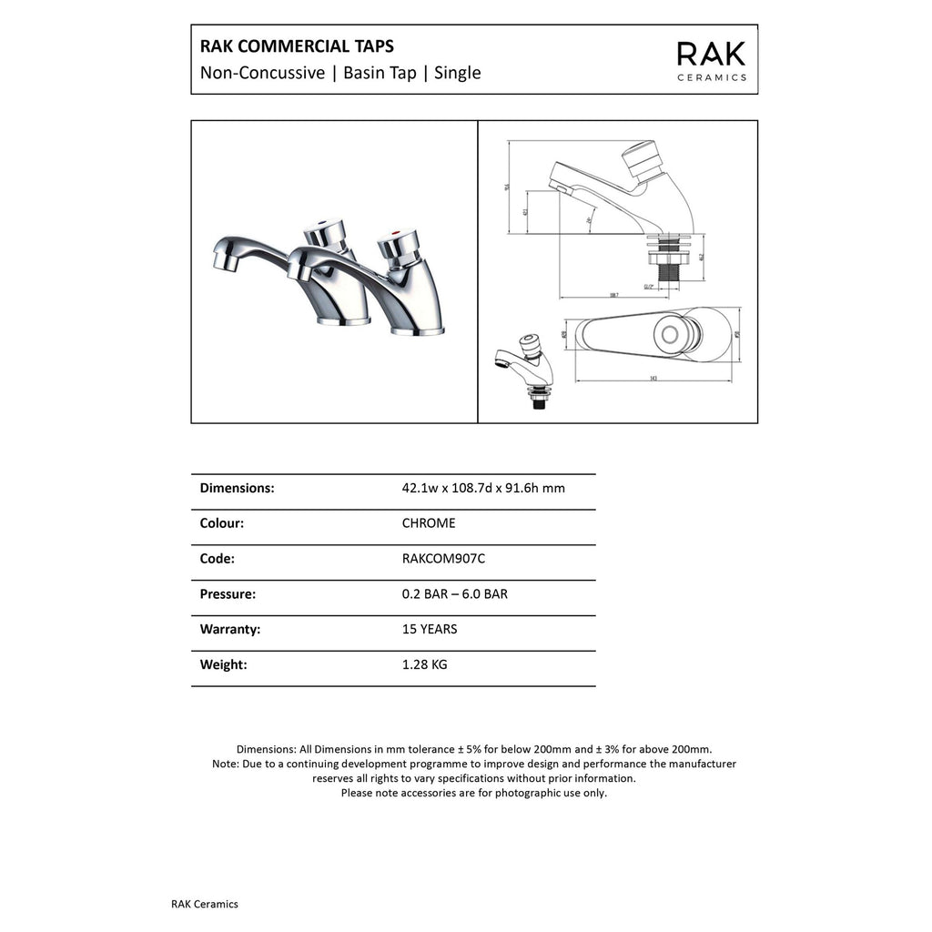 RAK Commercial Chrome Self-Closing Basin Pillar Taps Pair, Hygienic Non-Concussive Design for Washrooms