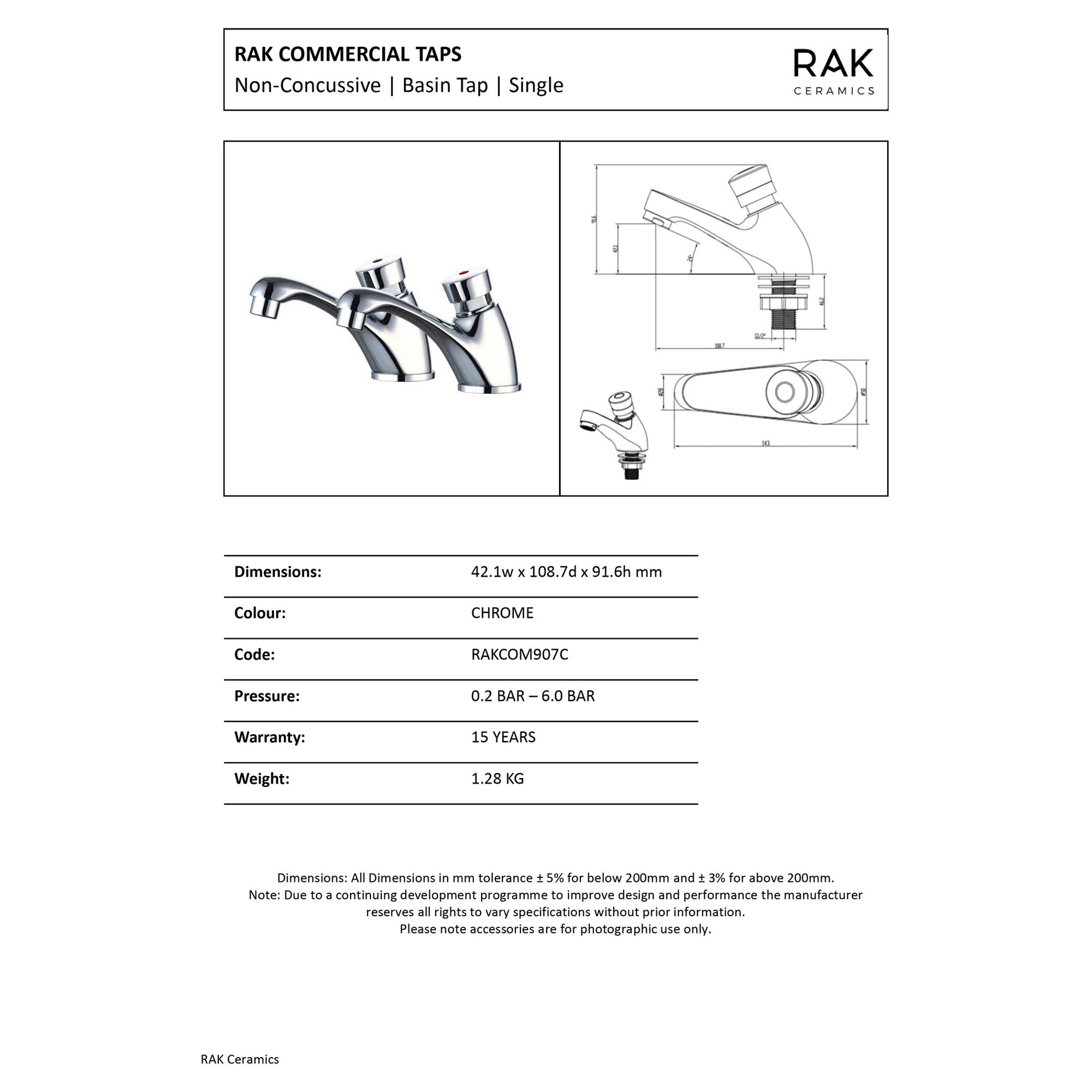 RAK Commercial Chrome Self-Closing Basin Pillar Taps Pair, Hygienic Non-Concussive Design for Washrooms