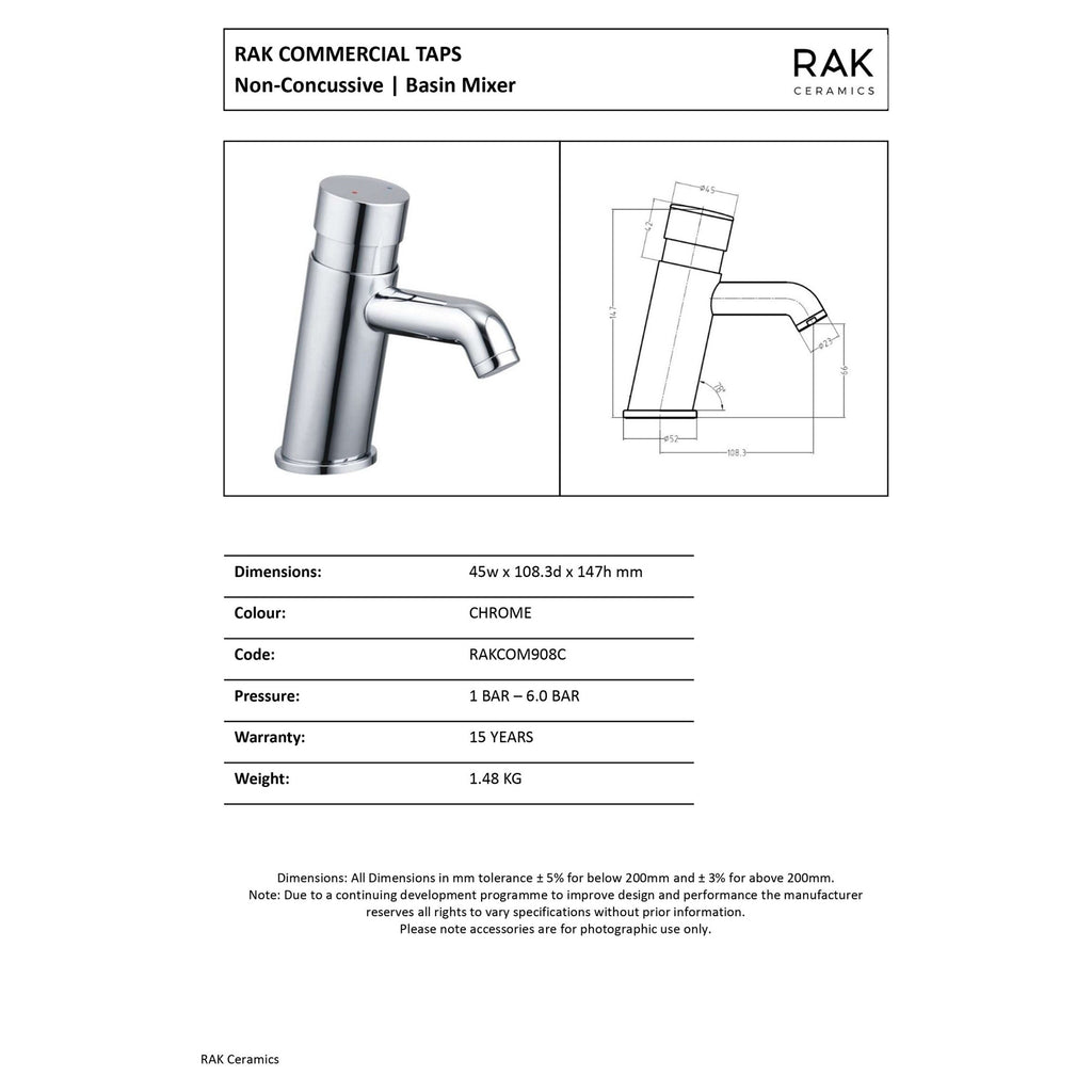 RAK Commercial Non-Concussive Basin Mixer Tap, Polished Chrome Solid Brass, Water-Saving Modern Design
