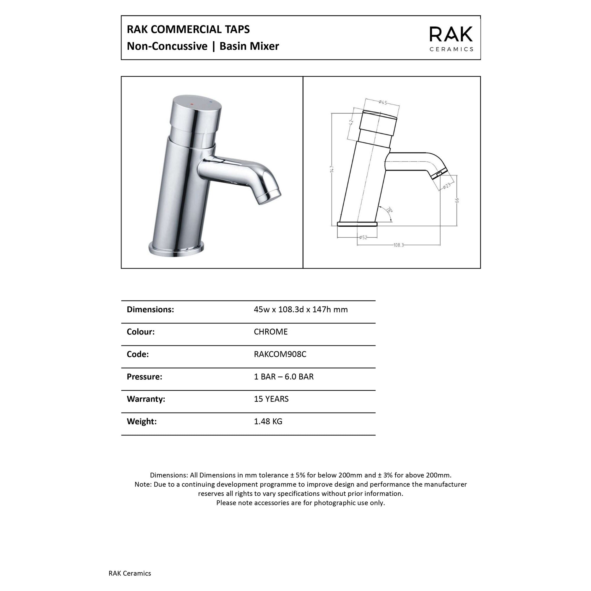 RAK Commercial Non-Concussive Basin Mixer Tap, Polished Chrome Solid Brass, Water-Saving Modern Design
