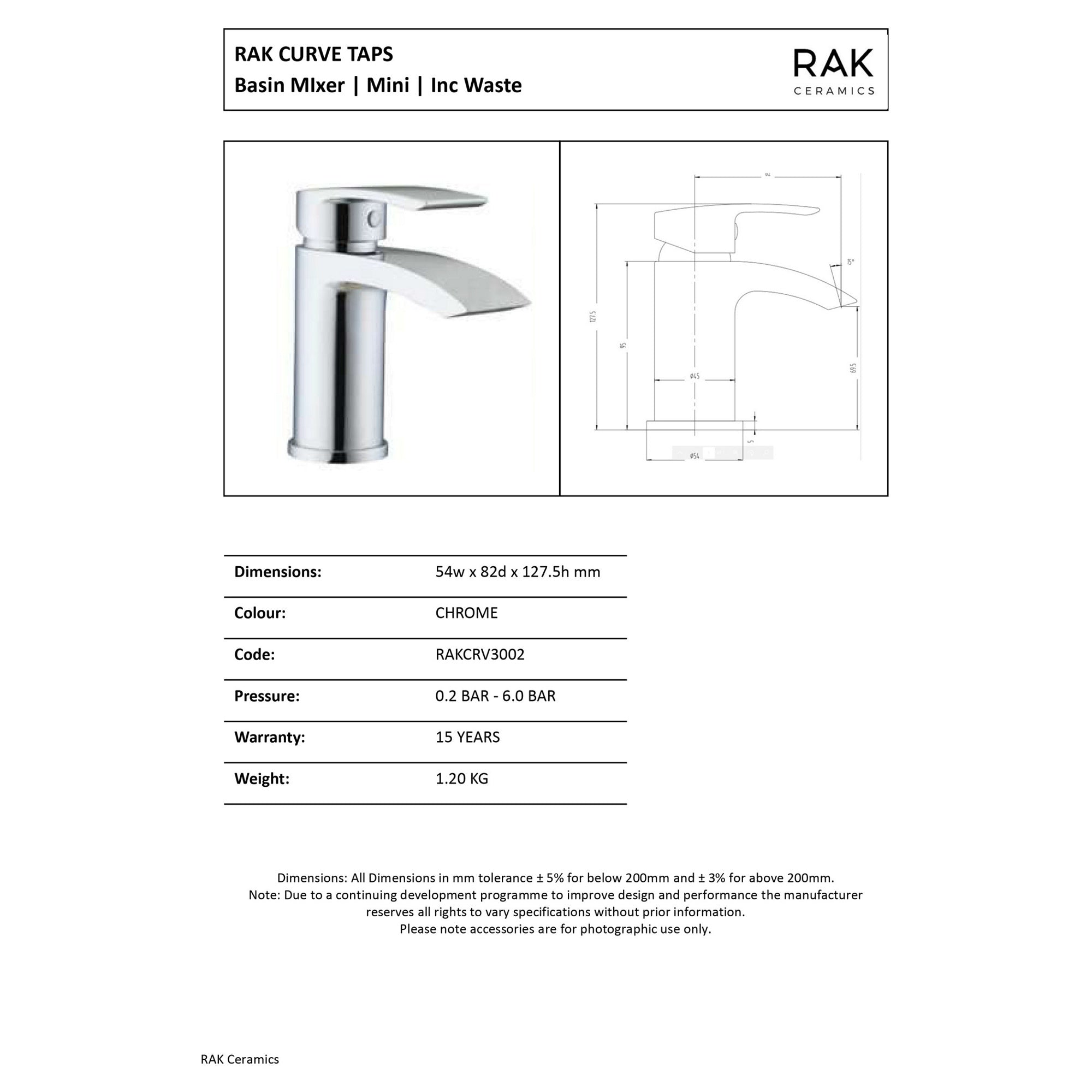 RAK Curve Polished Chrome Basin Mixer Tap - Modern Solid Brass Mono Tap with Waste, Ideal for Cloakroom & Bathroom Sinks