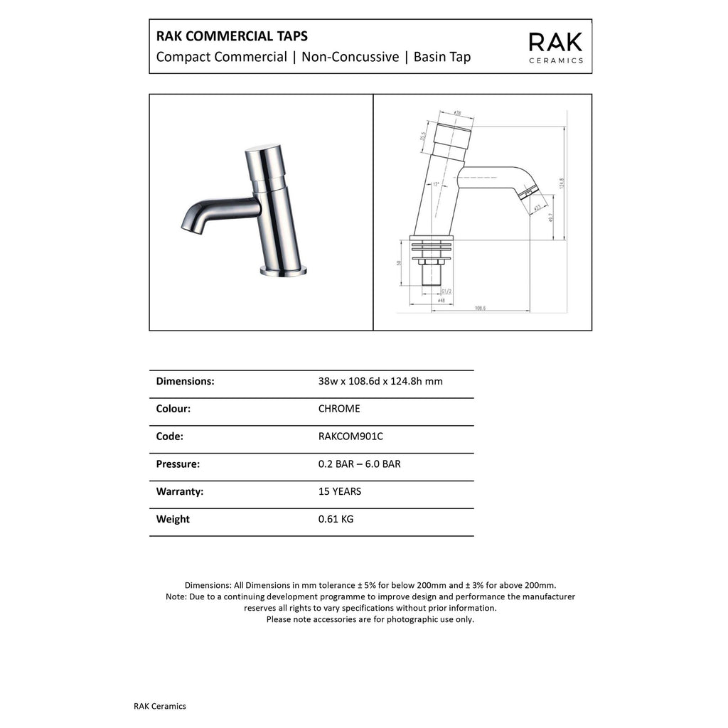 RAK Compact Commercial Non Concussive Basin Tap Chrome Brass