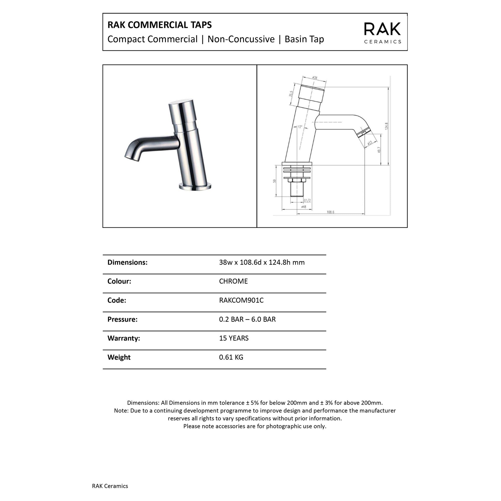 RAK Compact Commercial Non Concussive Basin Tap Chrome Brass