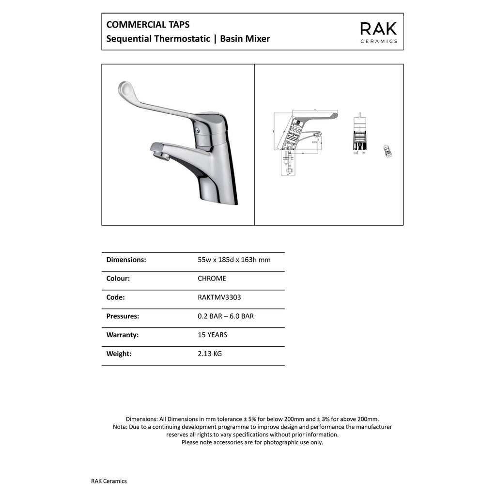 RAK Commercial Sequential Thermostatic Basin Mixer Tap - Polished Chrome, Solid Brass, Single Lever