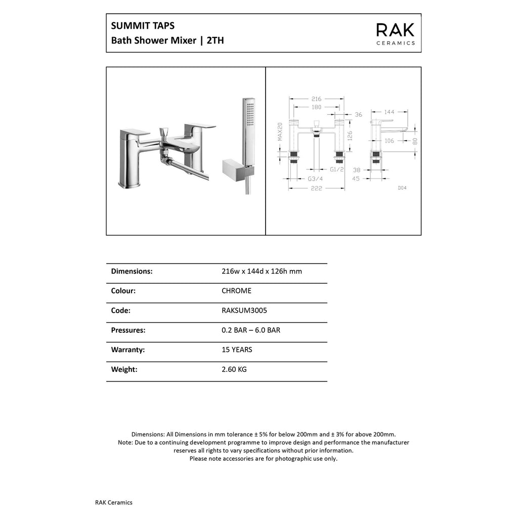 RAK Summit Polished Chrome Deck-Mounted Bath Shower Mixer Tap with Handset - Solid Brass, Modern Design, 15-Year Guarantee