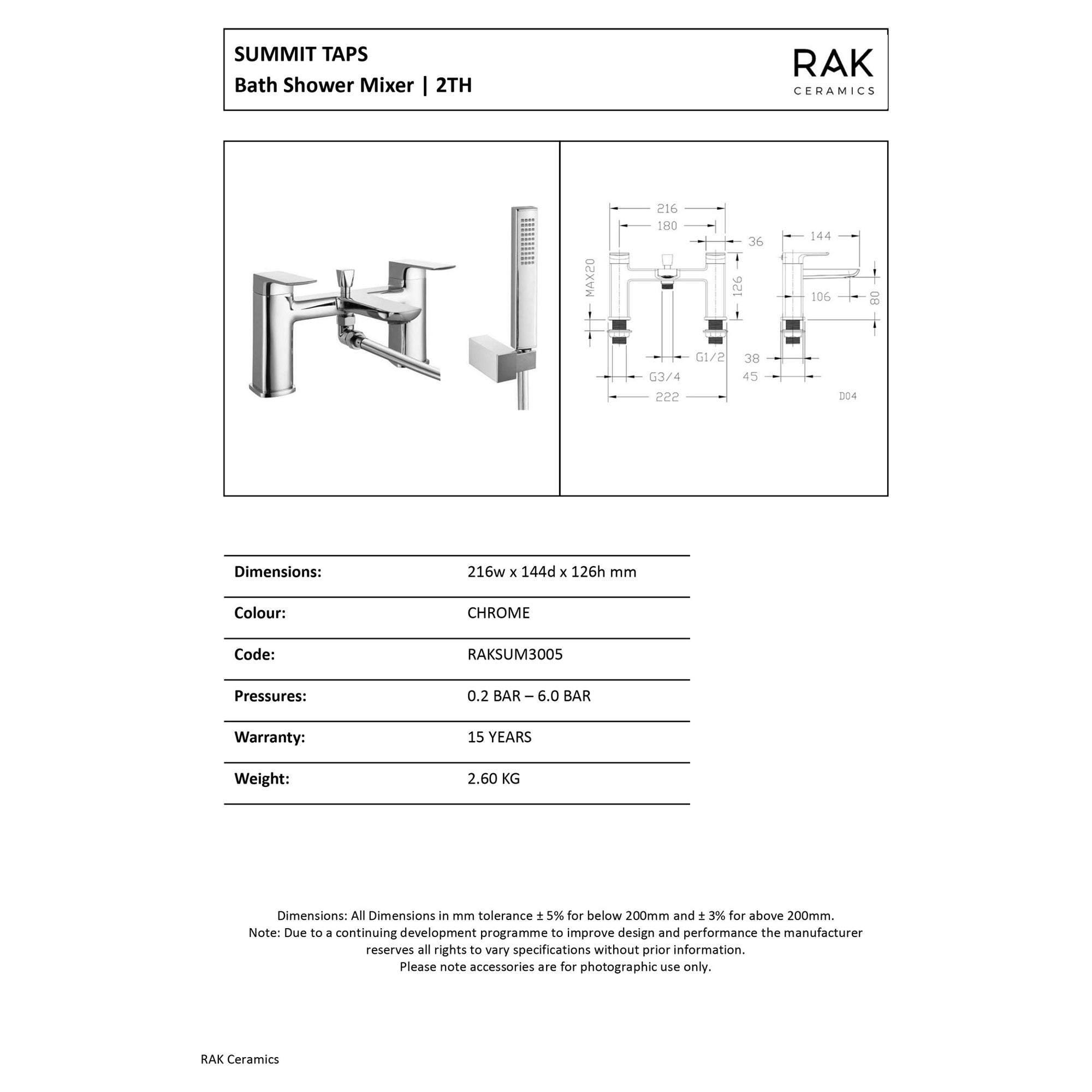 RAK Summit Polished Chrome Deck-Mounted Bath Shower Mixer Tap with Handset - Solid Brass, Modern Design, 15-Year Guarantee