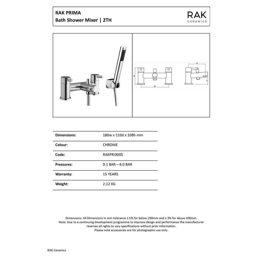 RAK Prima Modern Polished Chrome Deck Mounted Bath Shower Mixer Tap with Handset - Solid Brass