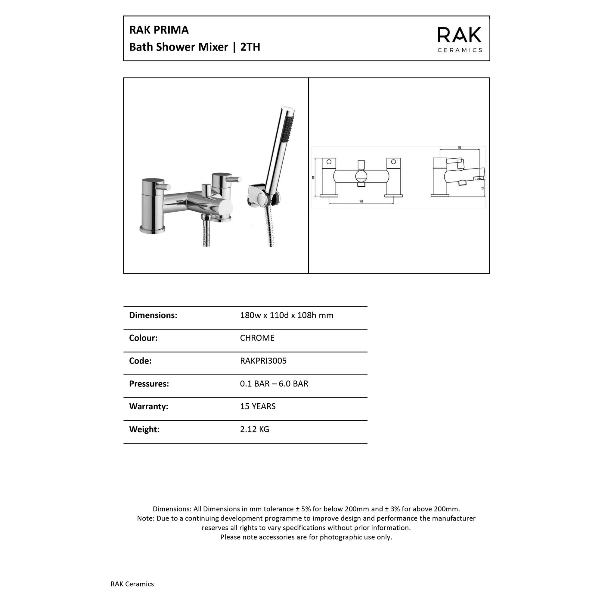 RAK Prima Modern Polished Chrome Deck Mounted Bath Shower Mixer Tap with Handset - Solid Brass
