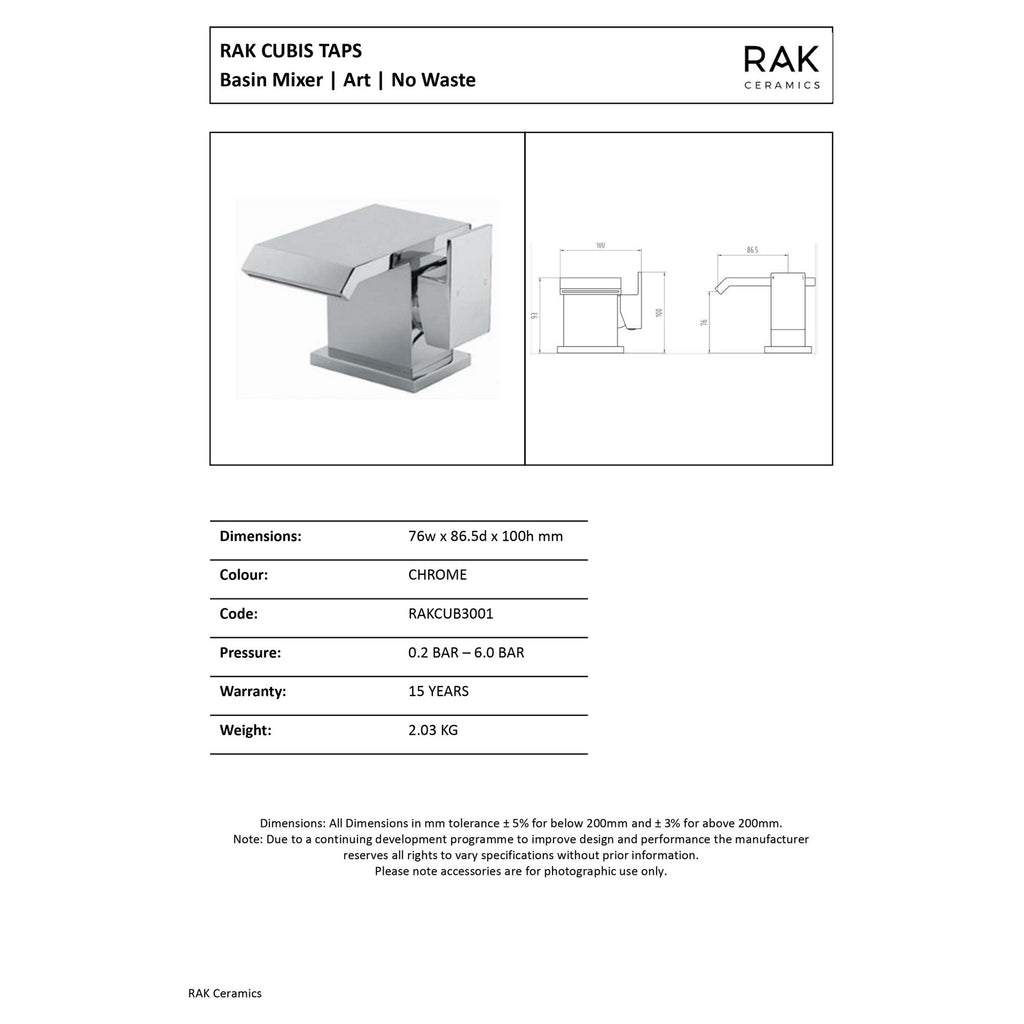 RAK Cubis Polished Chrome Basin Mono Mixer Tap - Modern Solid Brass Design with 15-Year Guarantee