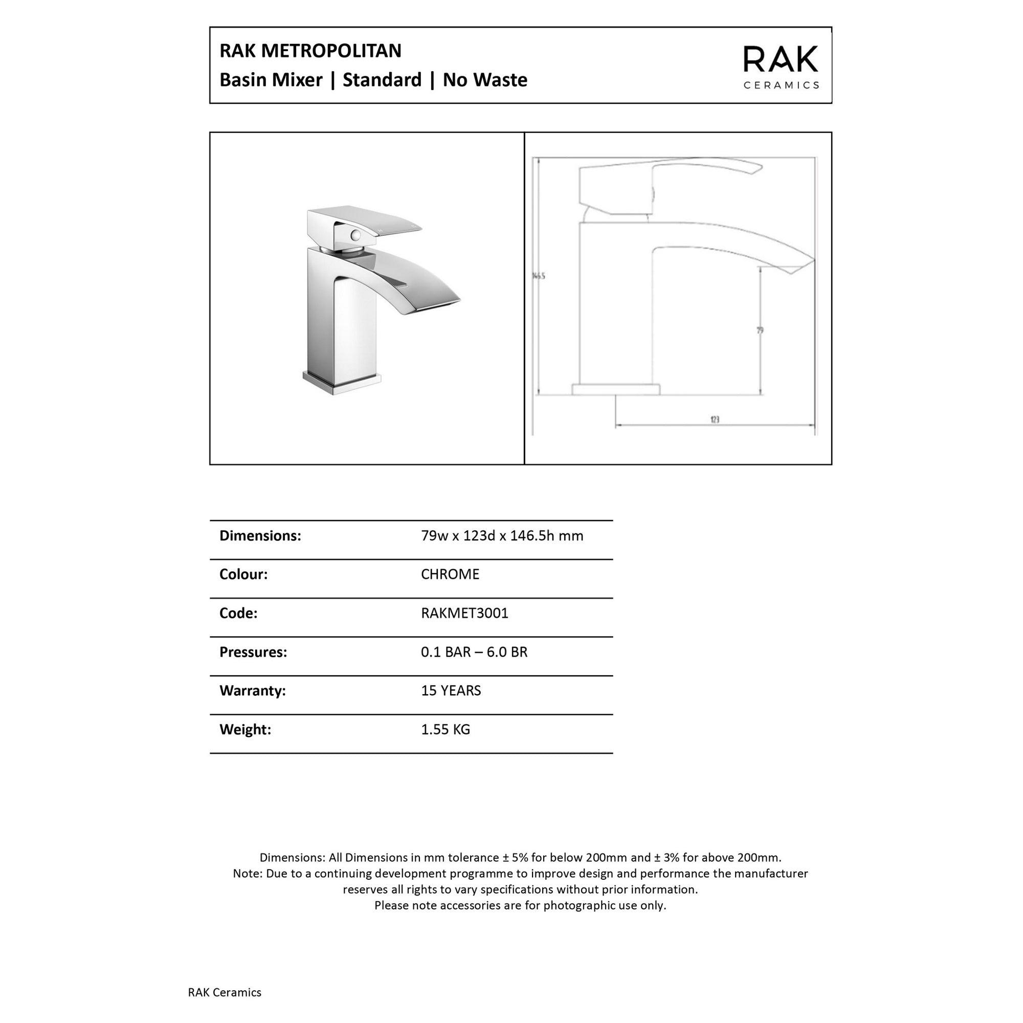 RAK Metropolitan Basin Mixer Tap - Polished Chrome Modern Mono Design - Solid Brass - 15 Year Guarantee