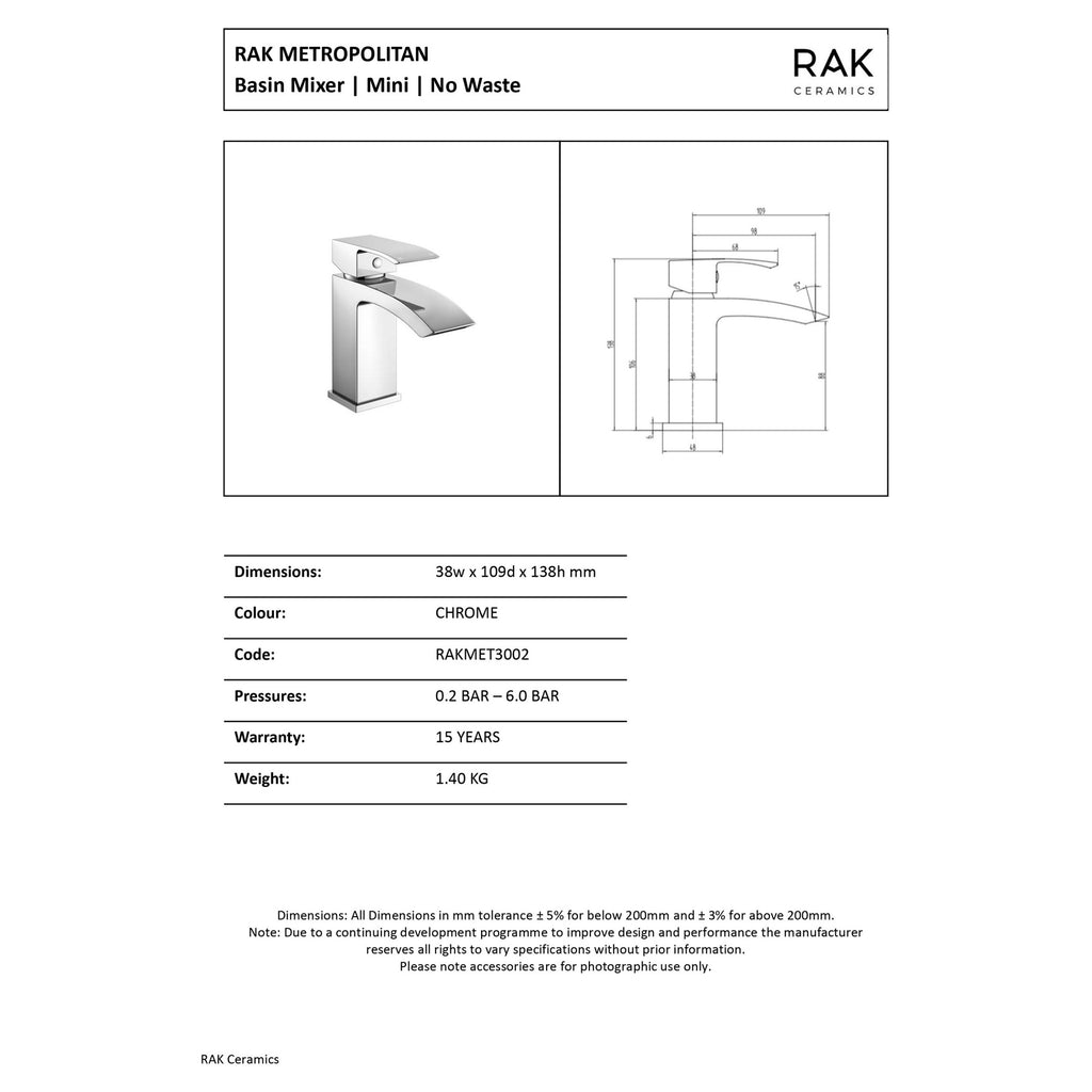 RAK Ceramics Metropolitan Mini Basin Mixer Tap, Polished Chrome, Solid Brass, Single Lever