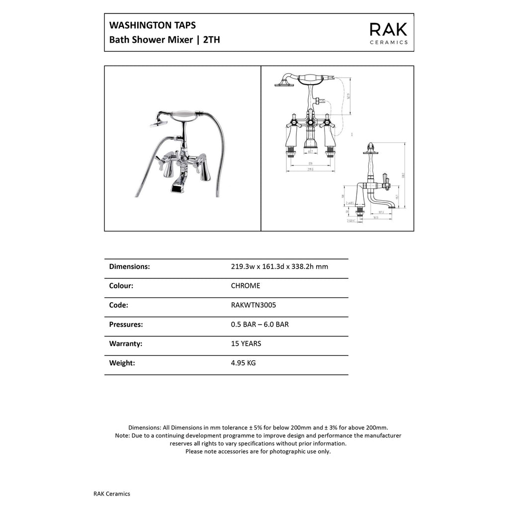 RAK Washington Traditional Polished Chrome Bath Shower Mixer Tap with 1/4 Turn Ceramic Discs