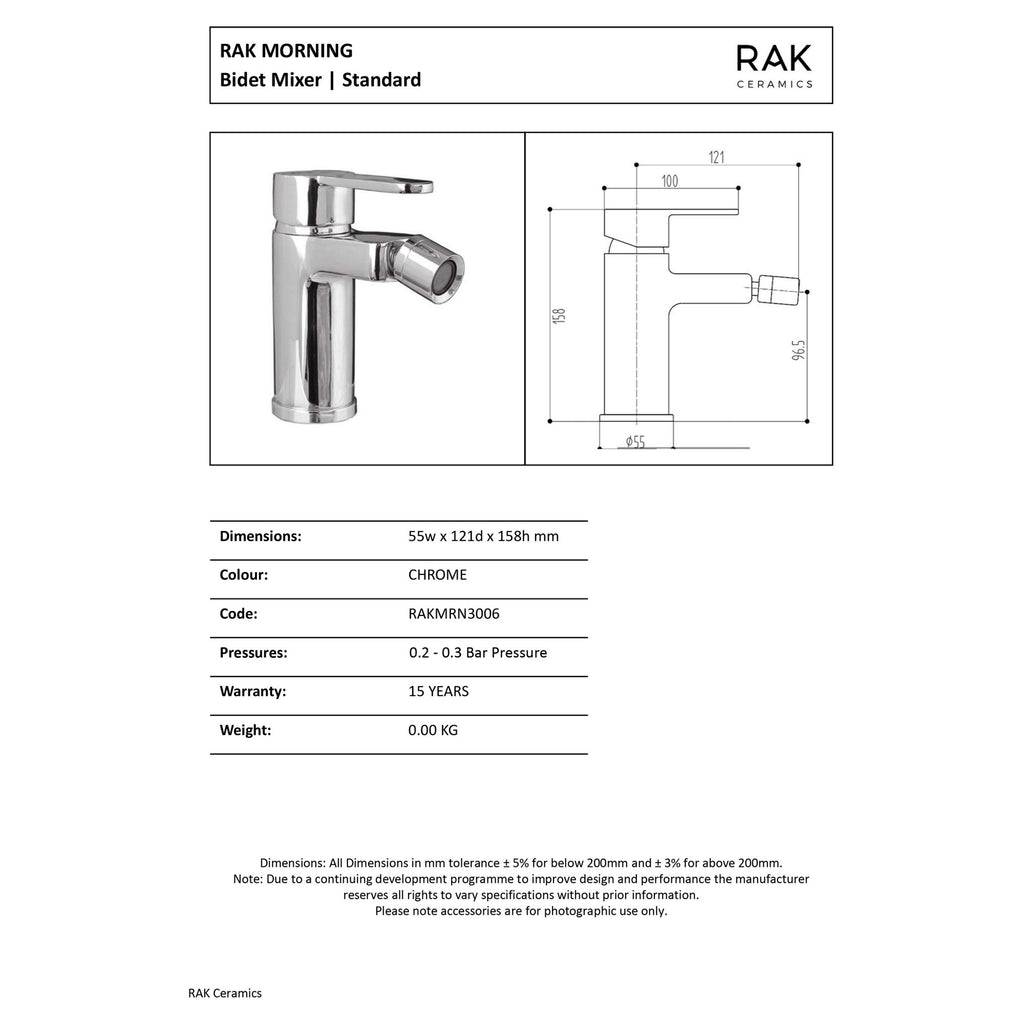 RAK Morning Bidet Mono Mixer Tap - Polished Chrome, Solid Brass, 15-Year Guarantee