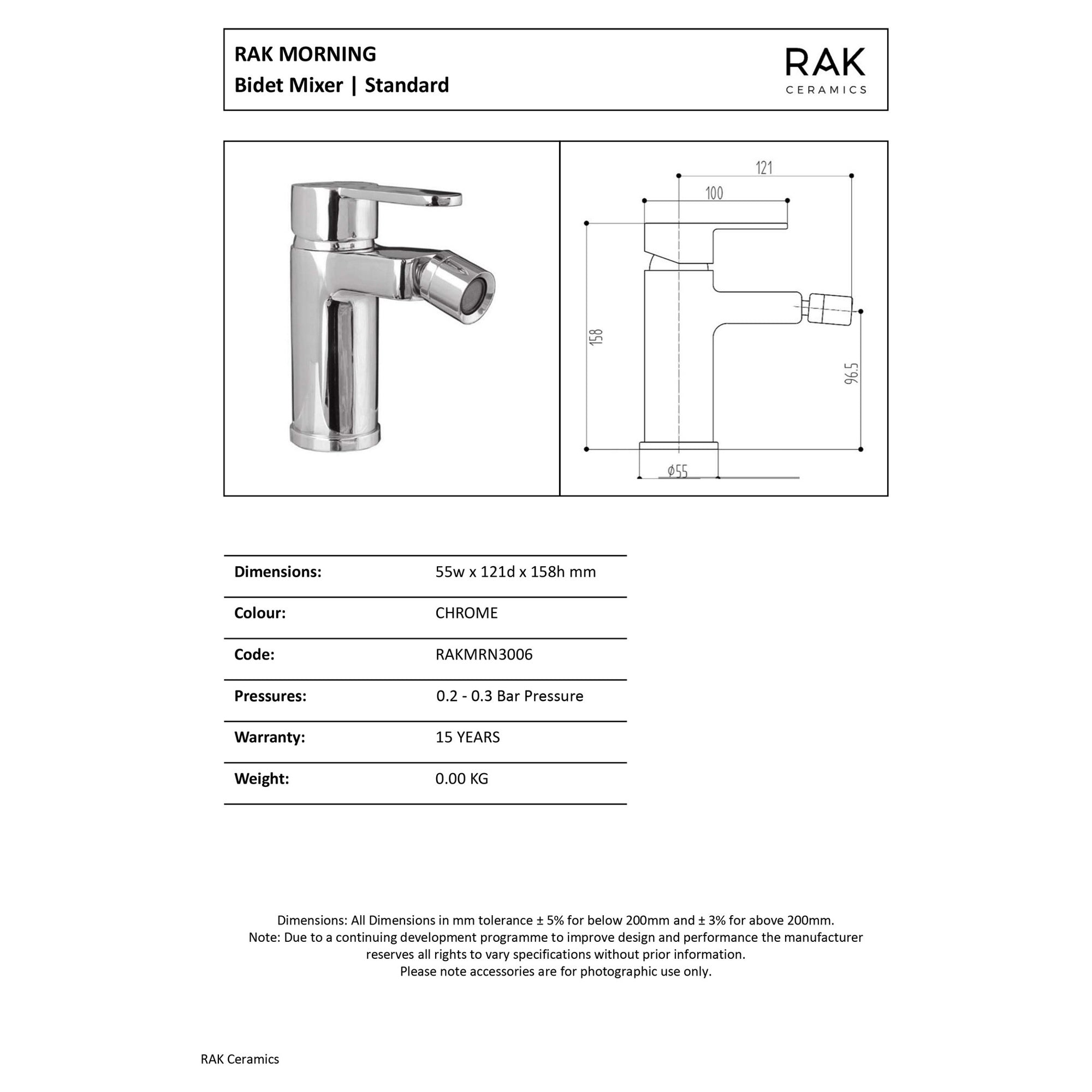 RAK Morning Bidet Mono Mixer Tap - Polished Chrome, Solid Brass, 15-Year Guarantee