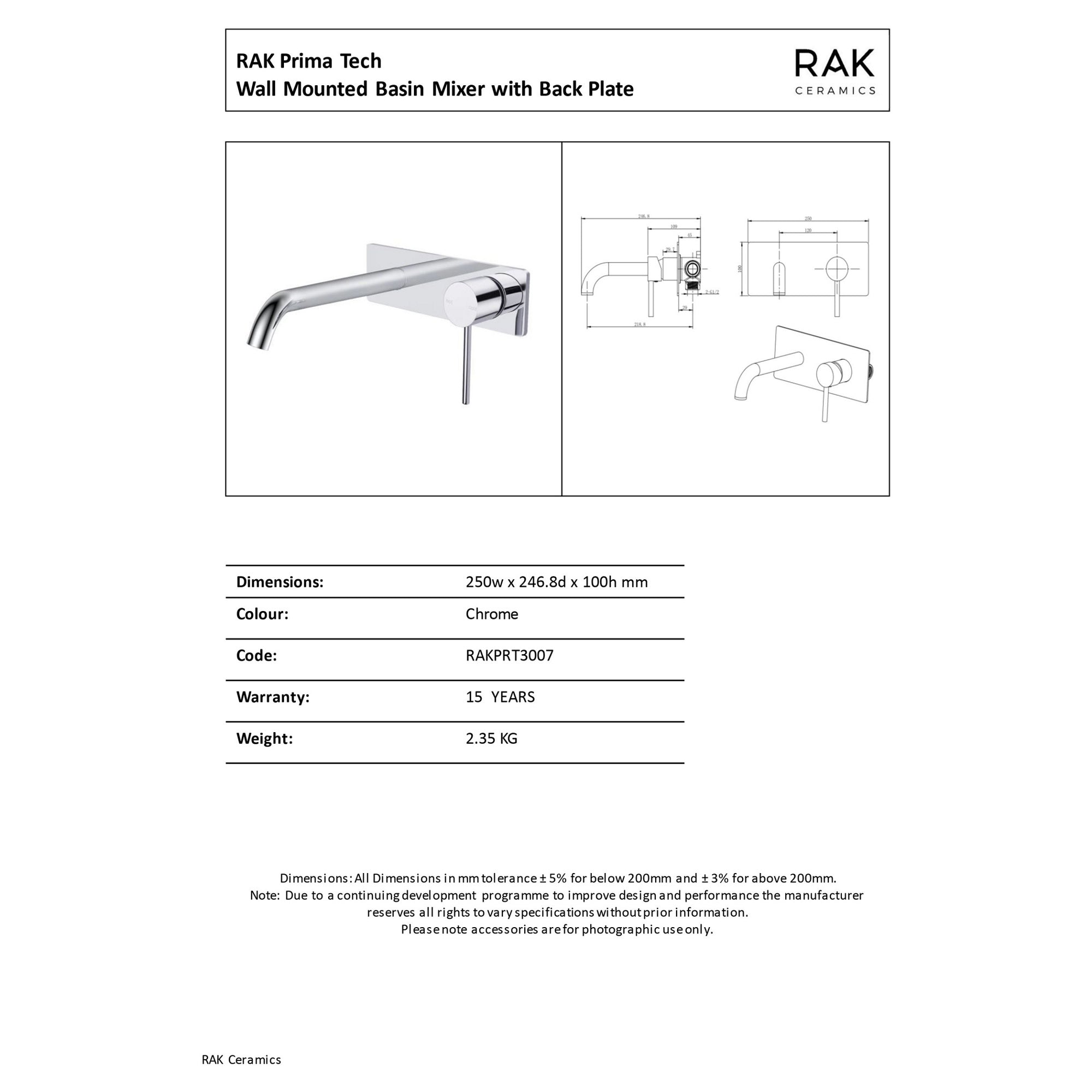 RAK Prima Tech Wall-Mounted Basin Mixer Tap - Polished Chrome, Solid Brass, 15-Year Guarantee