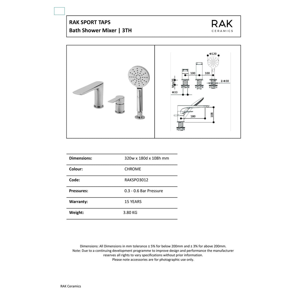 RAK Sport 3-Hole Deck Mounted Bath Shower Mixer Tap with Shower Kit, Solid Brass Polished Chrome Finish