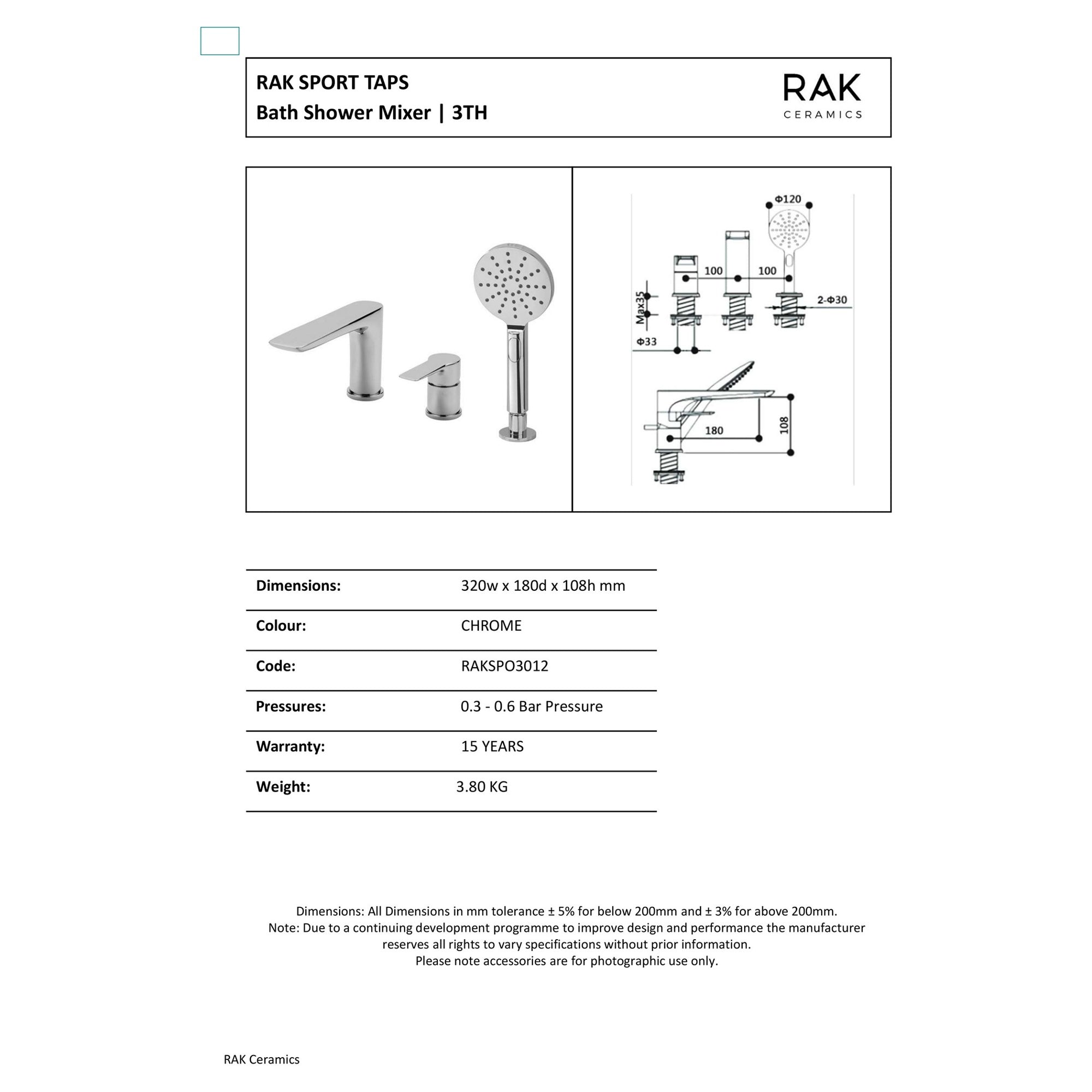 RAK Sport 3-Hole Deck Mounted Bath Shower Mixer Tap with Shower Kit, Solid Brass Polished Chrome Finish