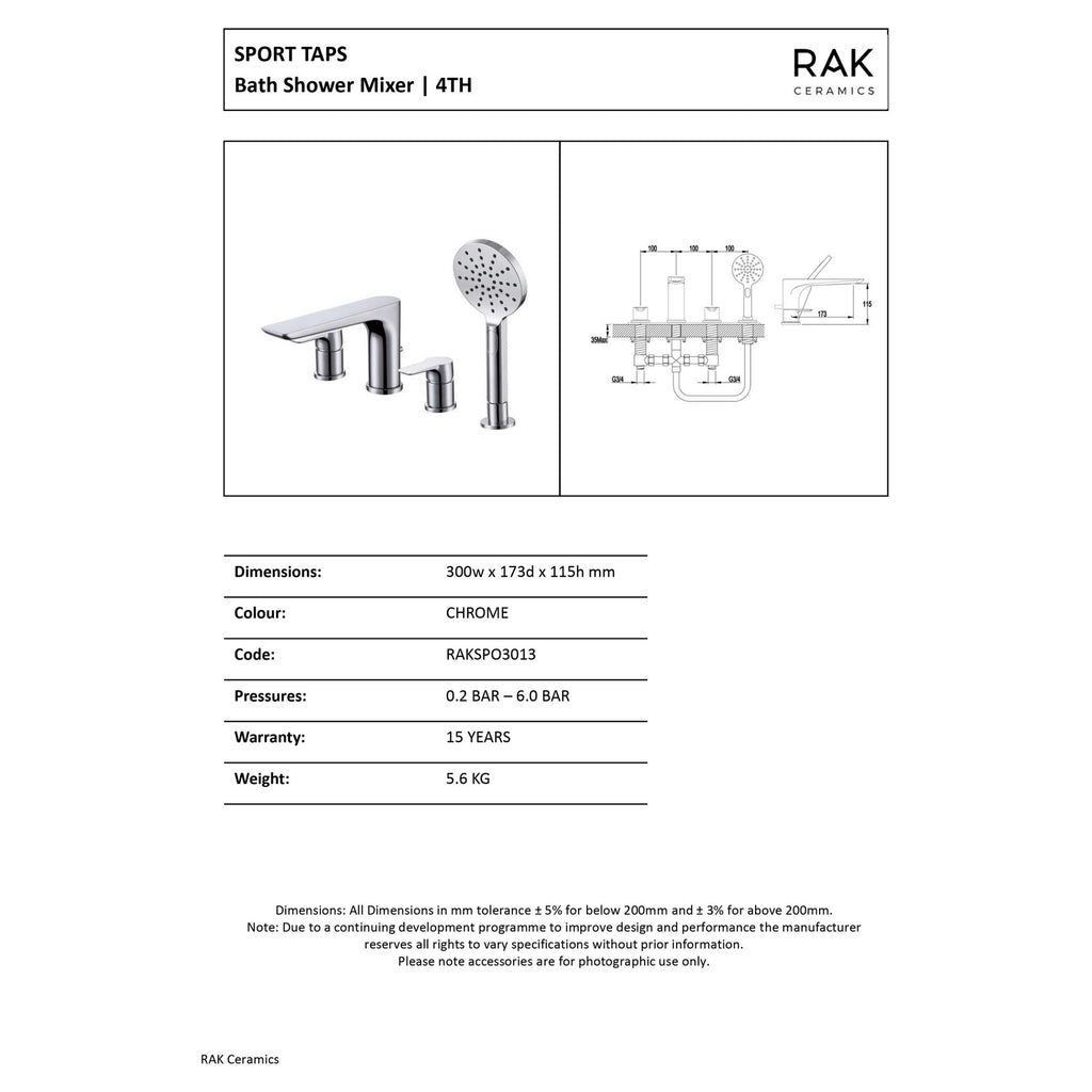 RAK Sport 4 Hole Polished Chrome Solid Brass Deck-Mounted Bath Shower Mixer Tap with Handset