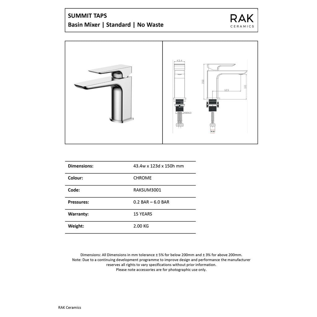 RAK Summit Modern Basin Mixer Tap - Polished Chrome Solid Brass for UK Bathrooms
