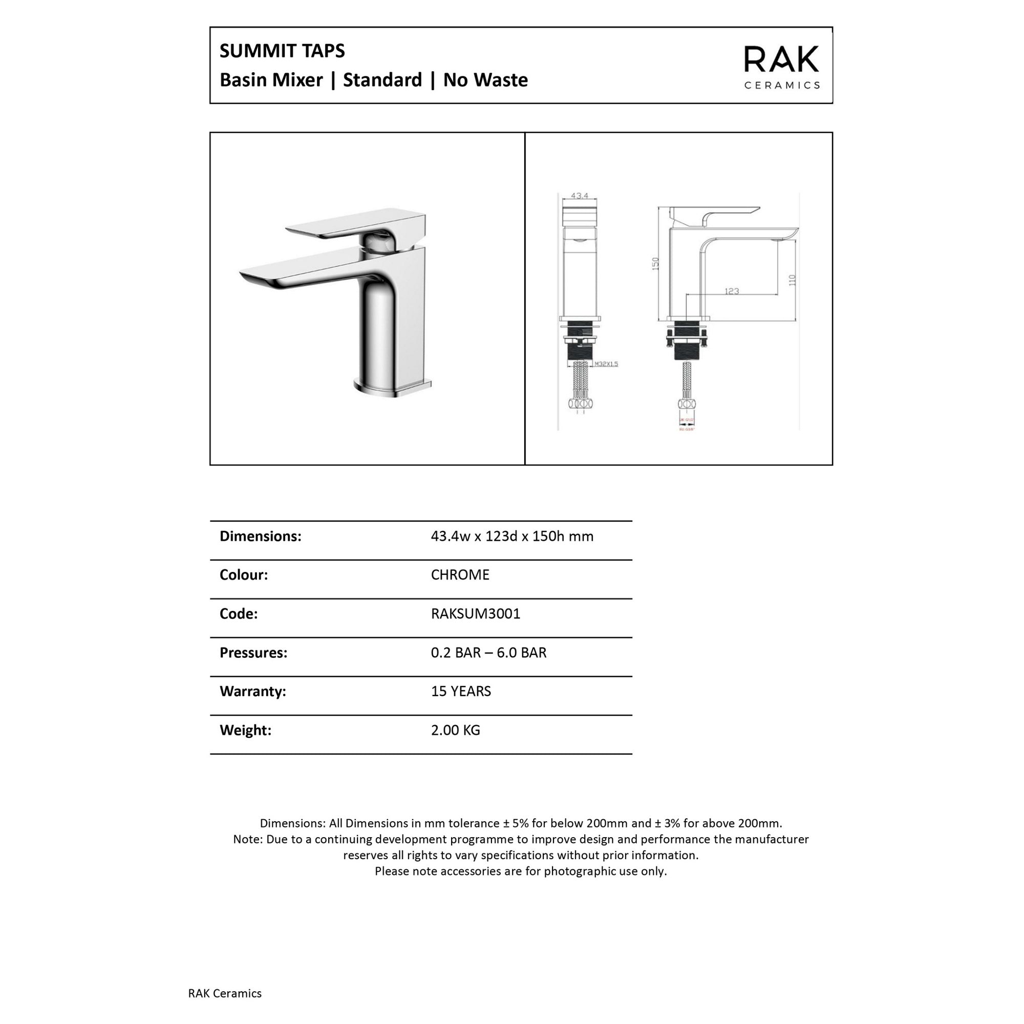 RAK Summit Modern Basin Mixer Tap - Polished Chrome Solid Brass for UK Bathrooms