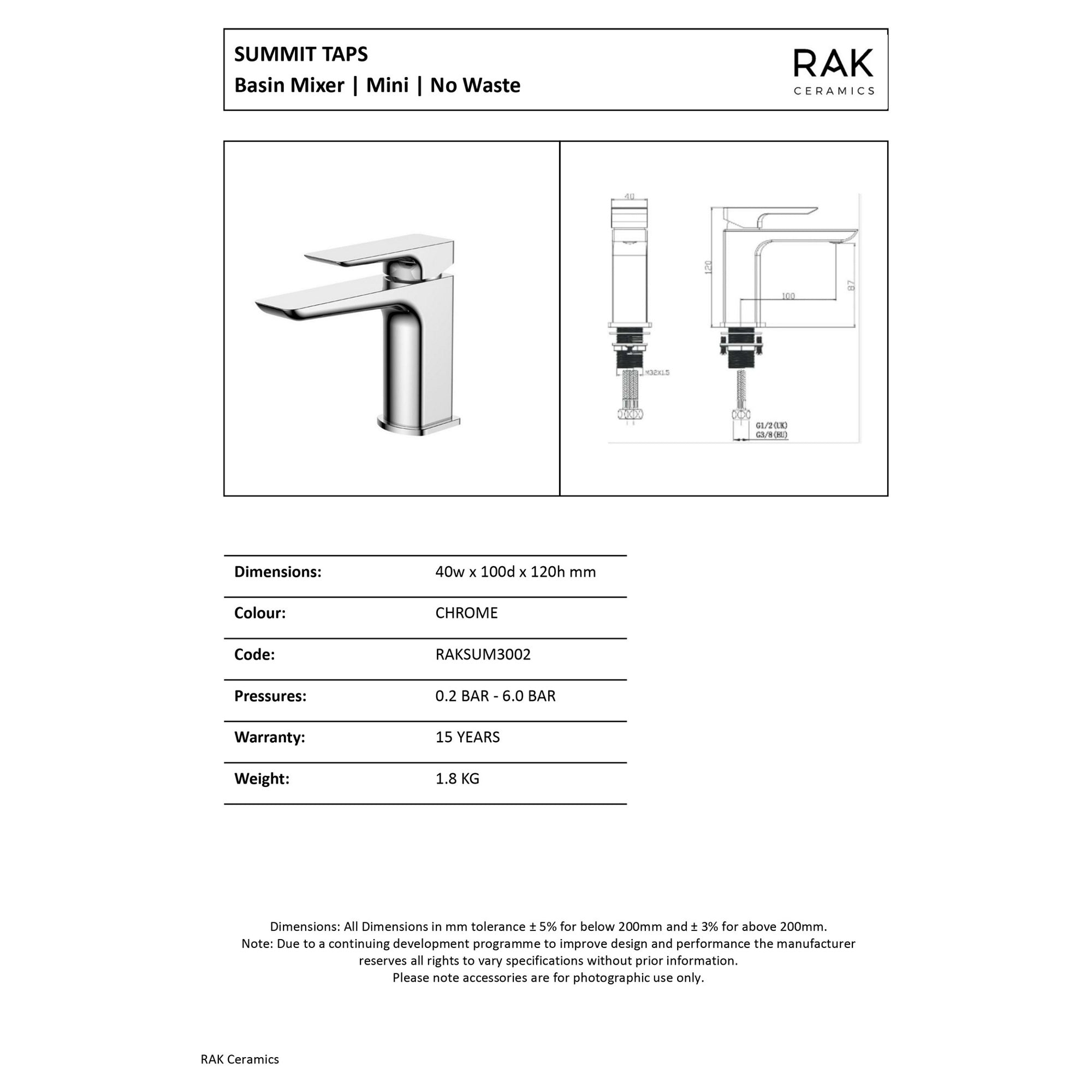 RAK Summit Polished Chrome Mini Basin Mixer Tap - Solid Brass, Single Lever, 15-Year Guarantee