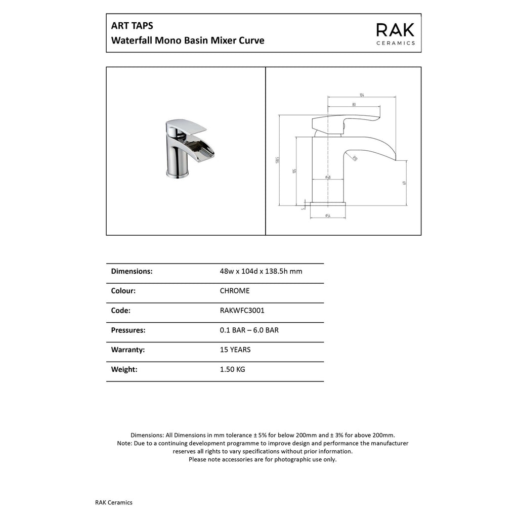 RAK Art Waterfall Mono Basin Mixer Tap - Polished Chrome, Solid Brass, Modern Design - 15-Year Guarantee