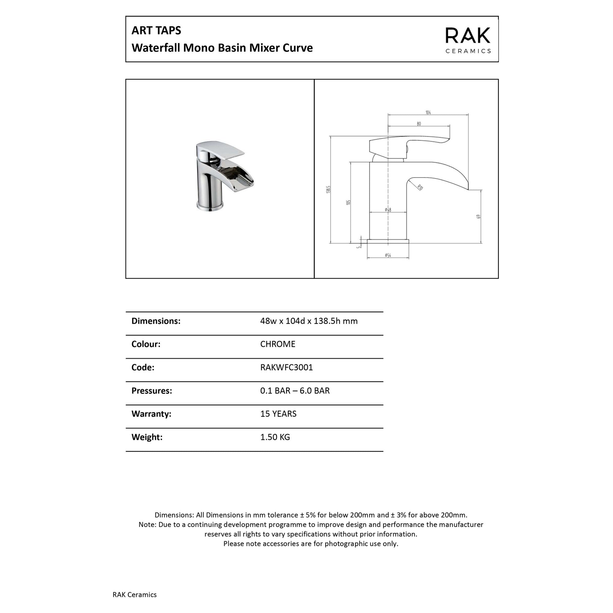 RAK Art Waterfall Mono Basin Mixer Tap - Polished Chrome, Solid Brass, Modern Design - 15-Year Guarantee