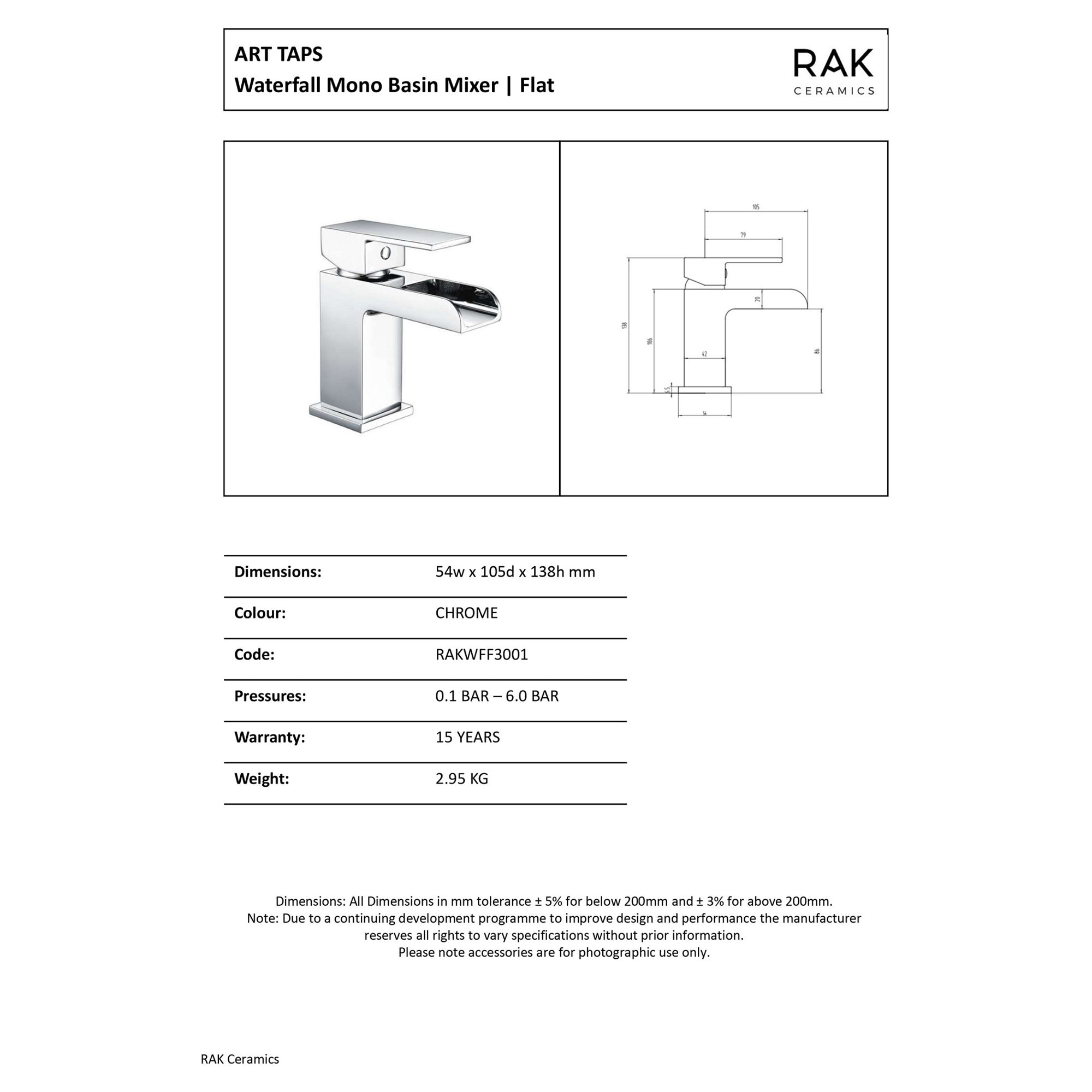 RAK Art Polished Chrome Waterfall Basin Mixer Tap - Solid Brass & WRAS Approved