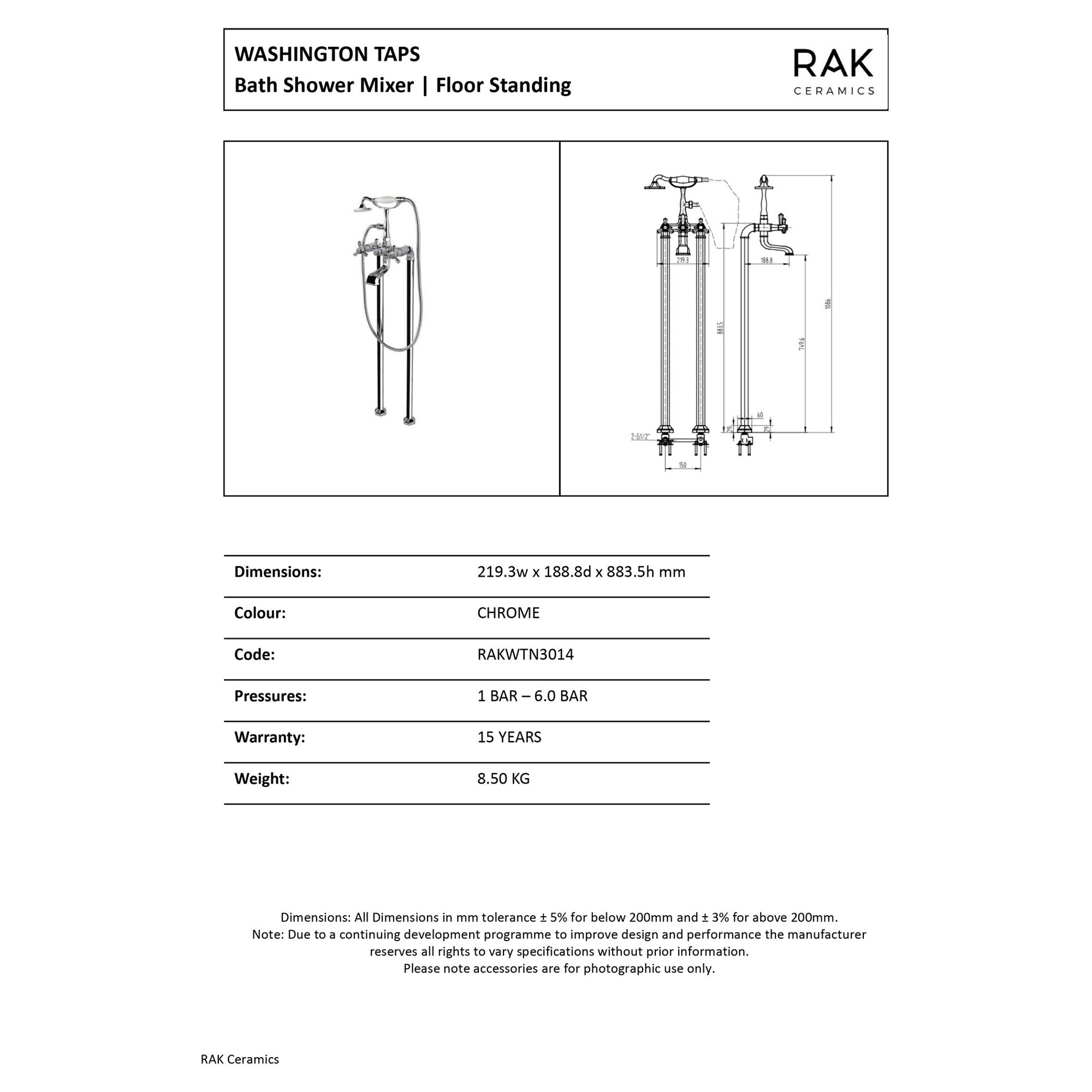 RAK Washington Polished Chrome Traditional Floor Standing Bath Shower Mixer Tap with Shower Kit