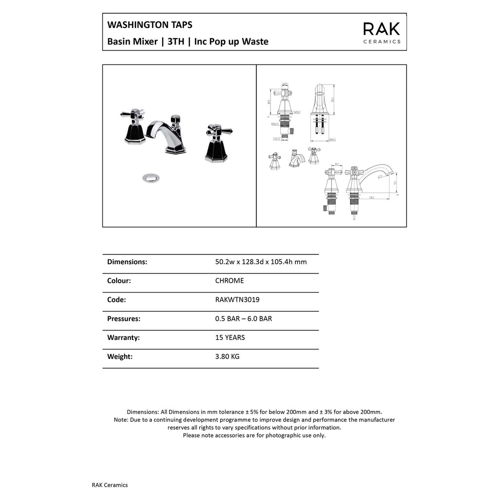 RAK Washington Traditional Polished Chrome 3-Hole Basin Mixer Tap with Pop-Up Waste